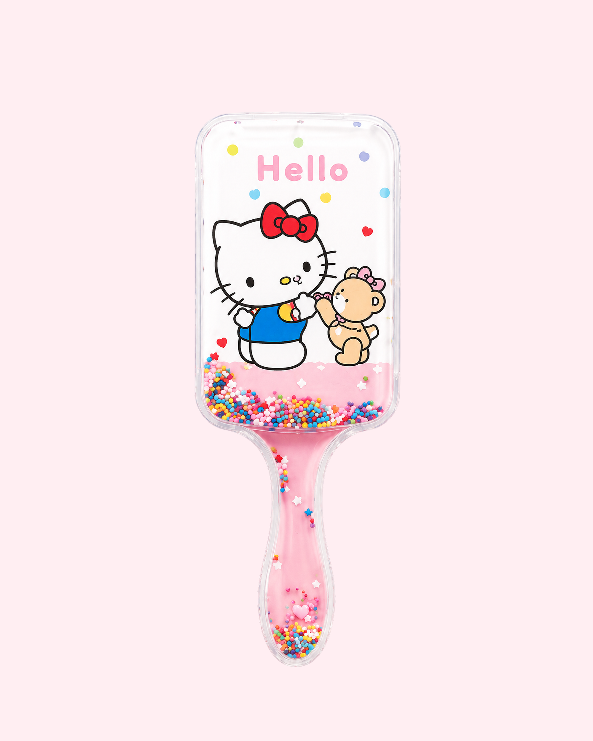 Cute blue Hello Kitty hair brush with teddy bear back design, glitter details and kawaii beauty style