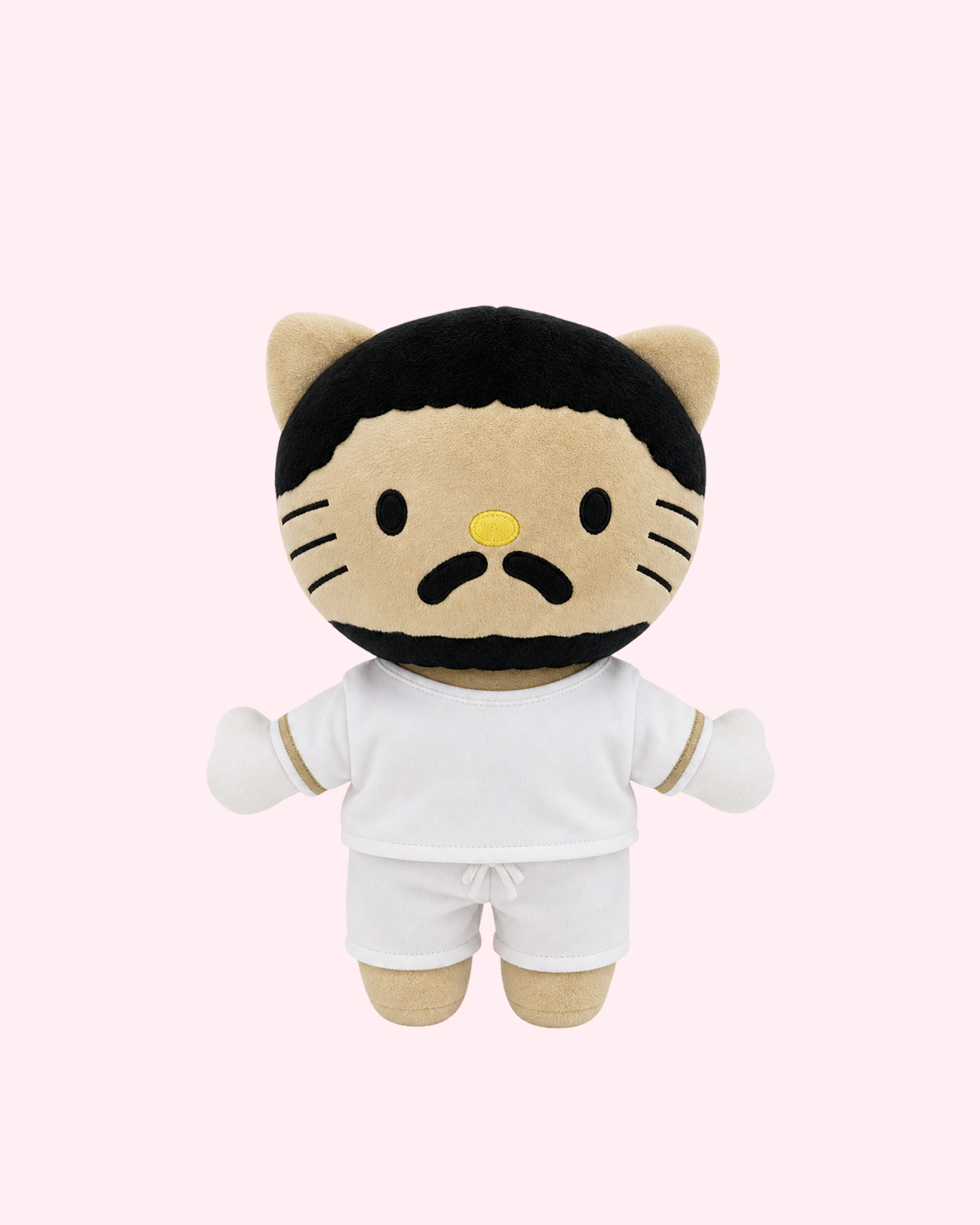 Bad Bunny White Outfit x Hello Kitty plush with clean reggaeton kawaii style and soft finish