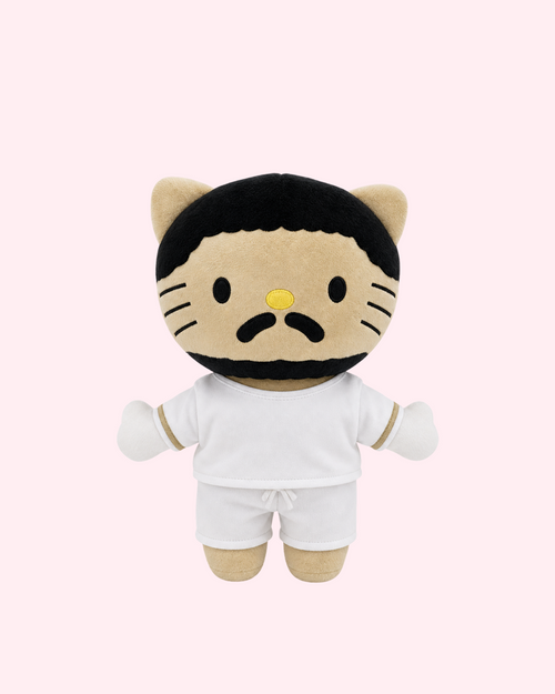 Bad Bunny White Outfit x Hello Kitty plush with clean reggaeton kawaii style and soft finish