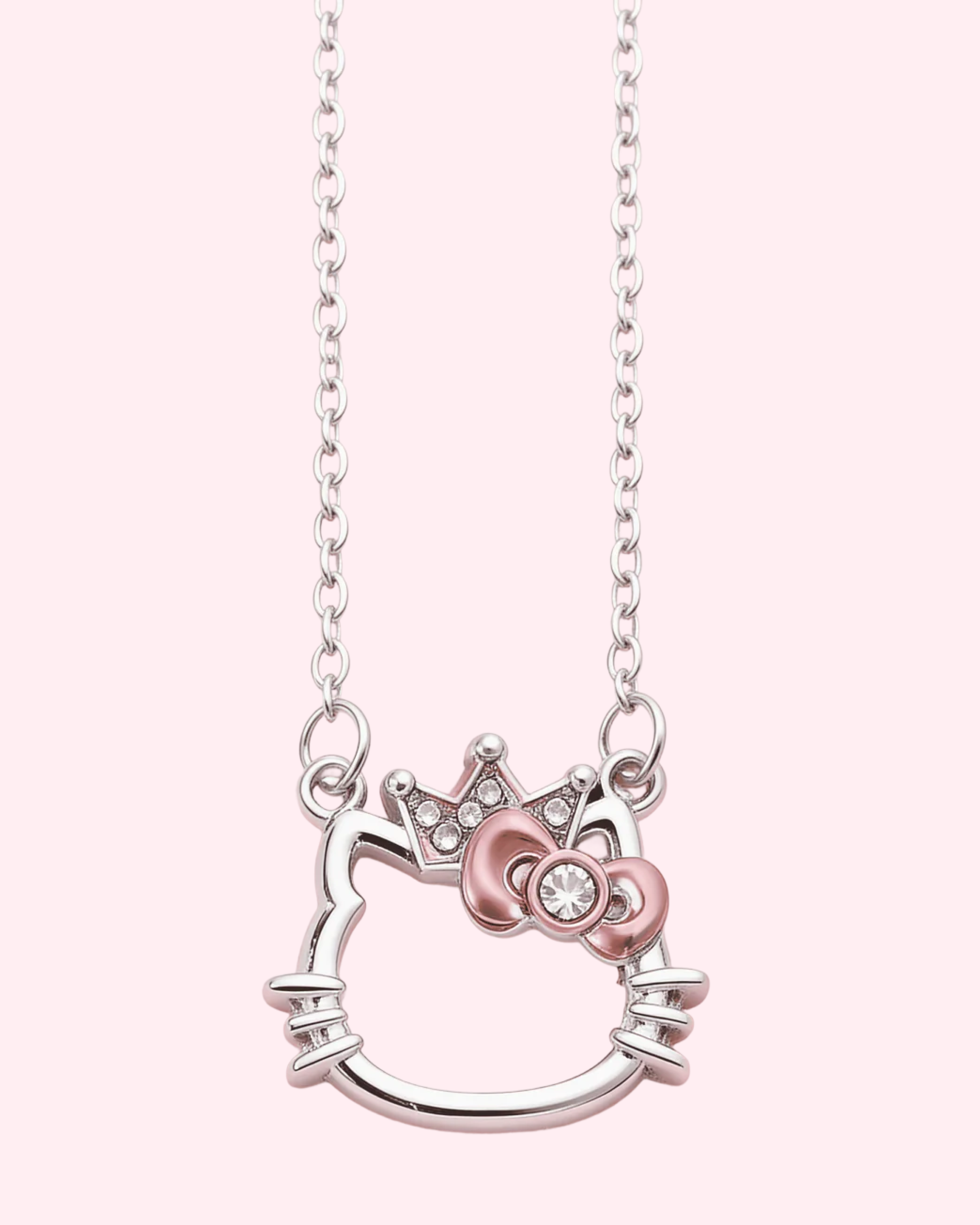 Hello Kitty princess cat necklace with pink crystal bow and crown detail