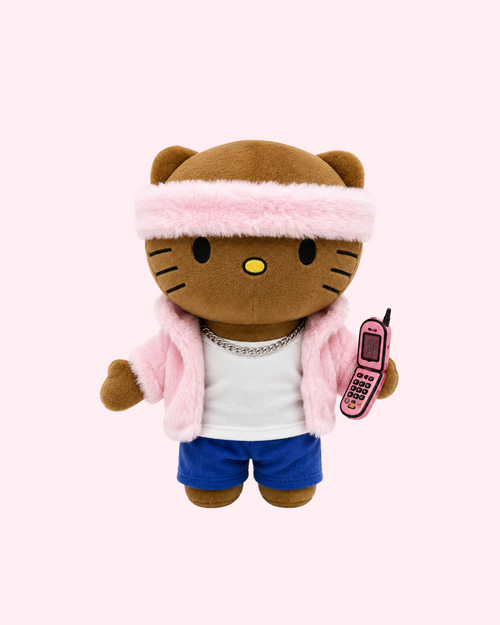 Cam’ron Pink Outfit x Hello Kitty plush with phone in hand and bold pink rapper kawaii style