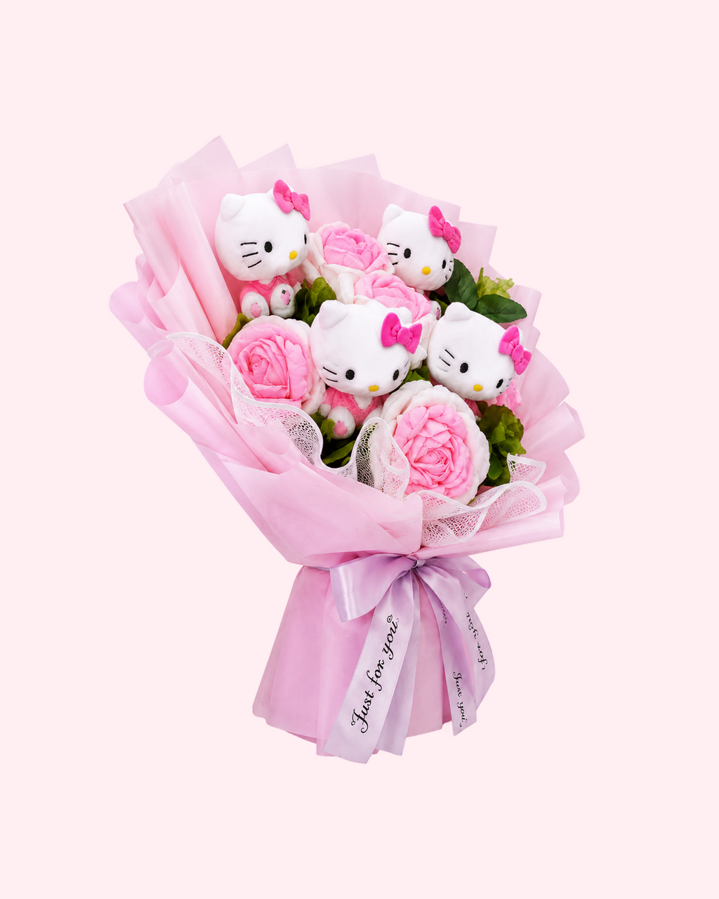 Elegant Hello Kitty pink bouquet with soft roses, plush characters and sweet girly gift design