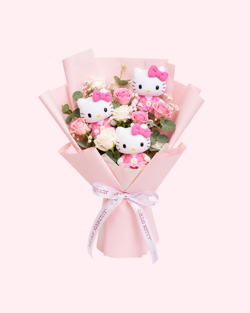 White Hello Kitty rose bouquet with cute plush details, soft wrapping and elegant kawaii gift style