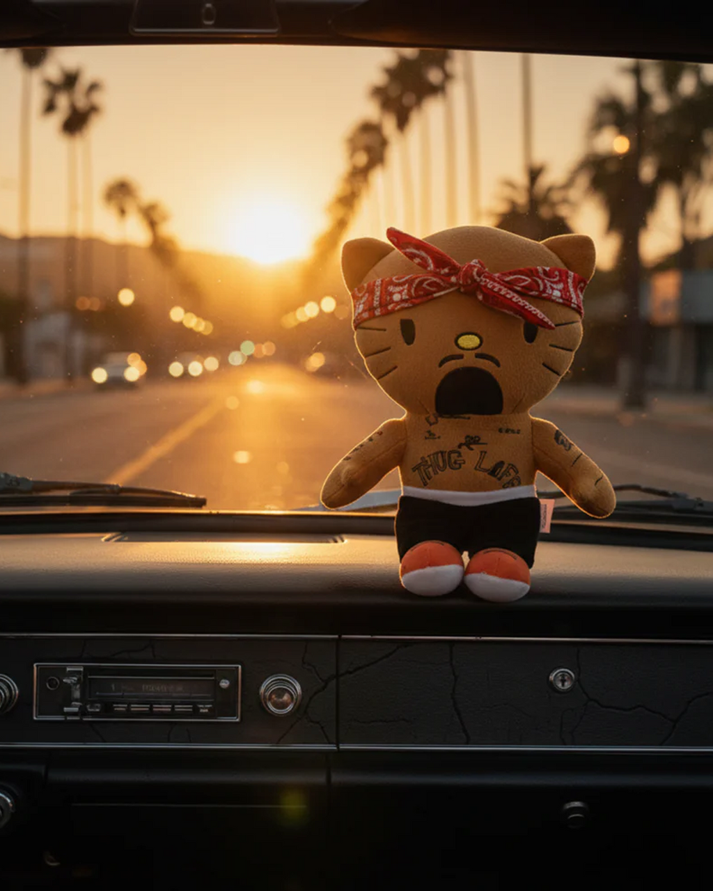 Tupac x Hello Kitty plush sit in a car