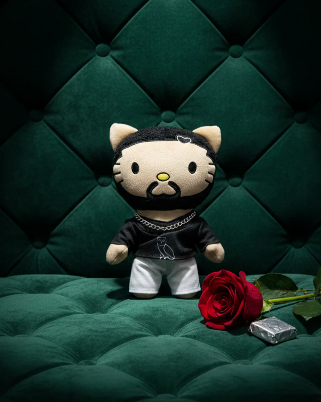 Drake x Hello Kitty plush standing in Yota Kitty decor 