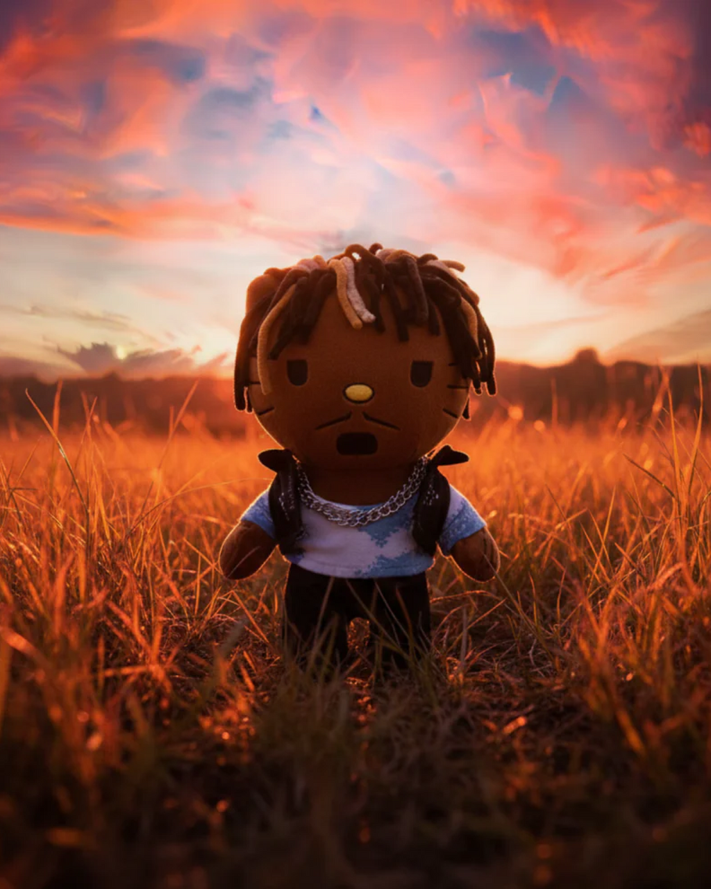 Juice WRLD x Hello Kitty plush standing in Yota Kitty decor 