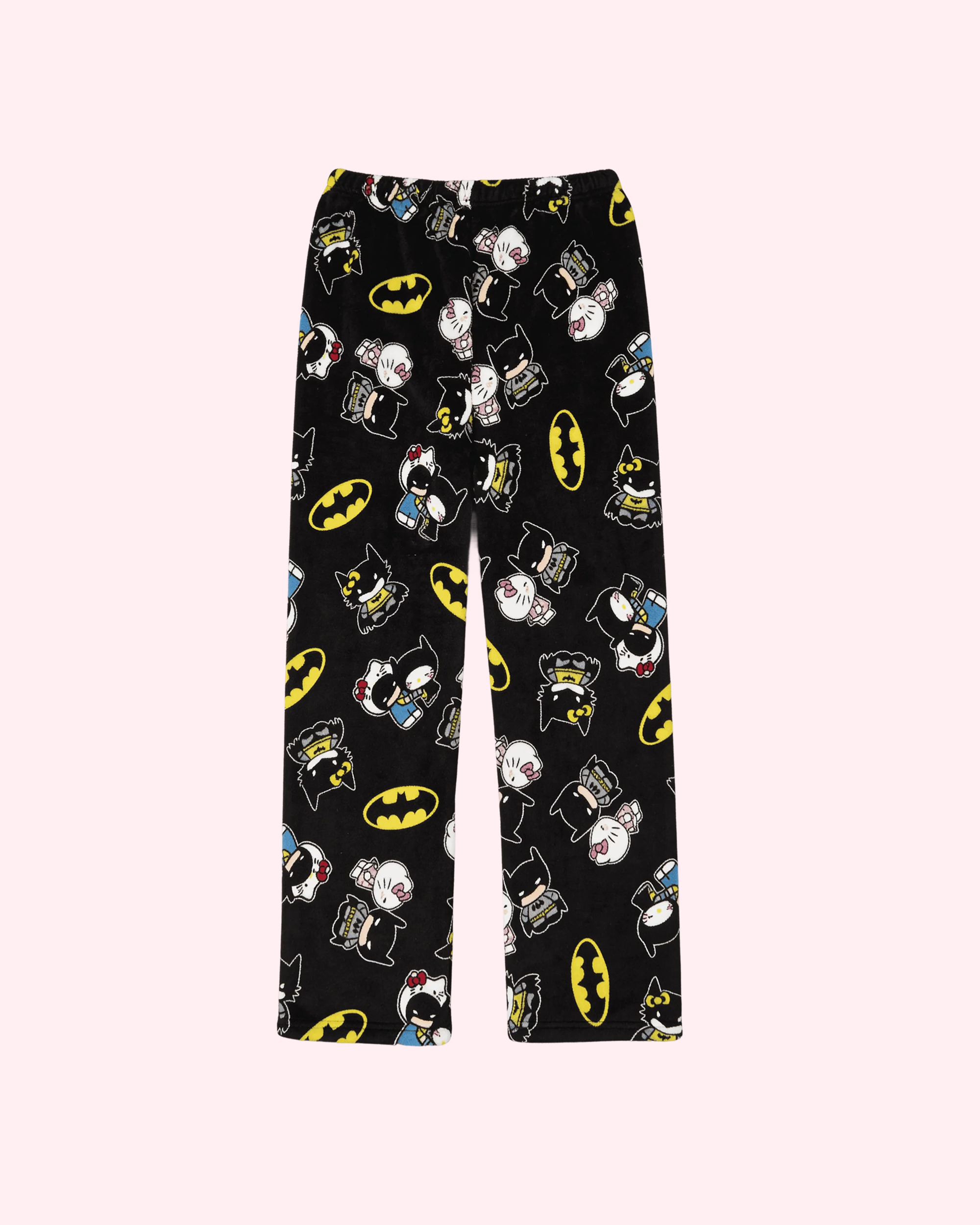 Dark hero-inspired Hello Kitty pajama pants with kawaii print