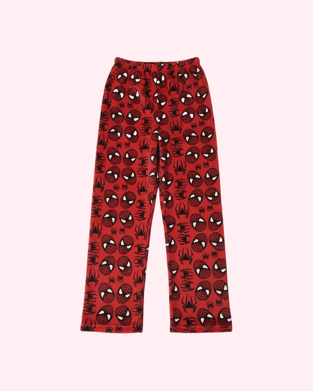 Red spider-inspired pajama pants with cute spider patternt