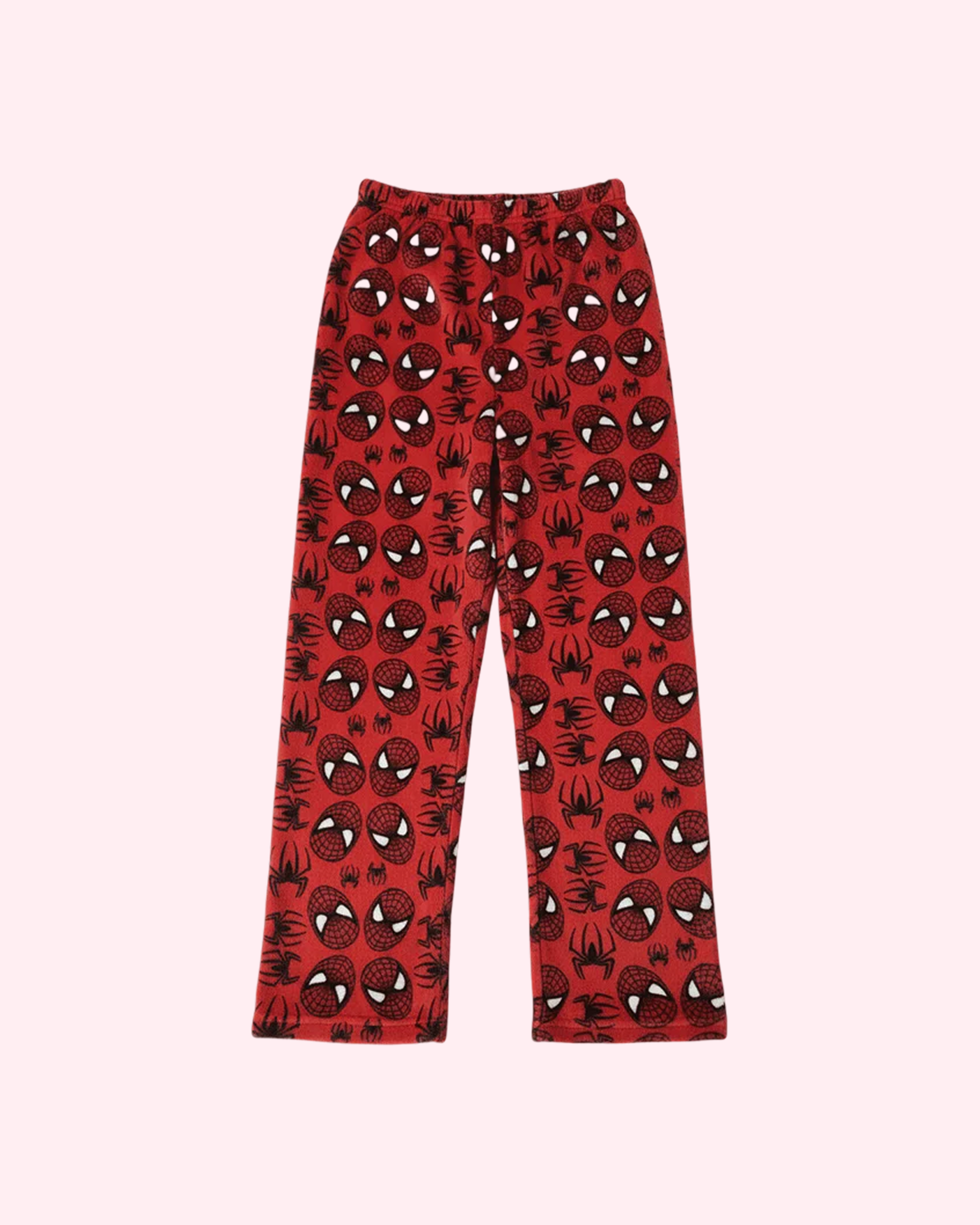 Red spider-inspired pajama pants with cute spider patternt