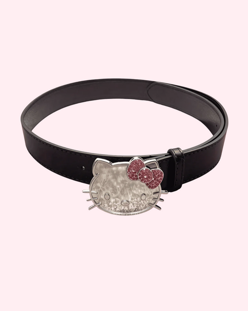 Black belt with Hello Kitty face medallion, pink heart bow, silver buckle and holes