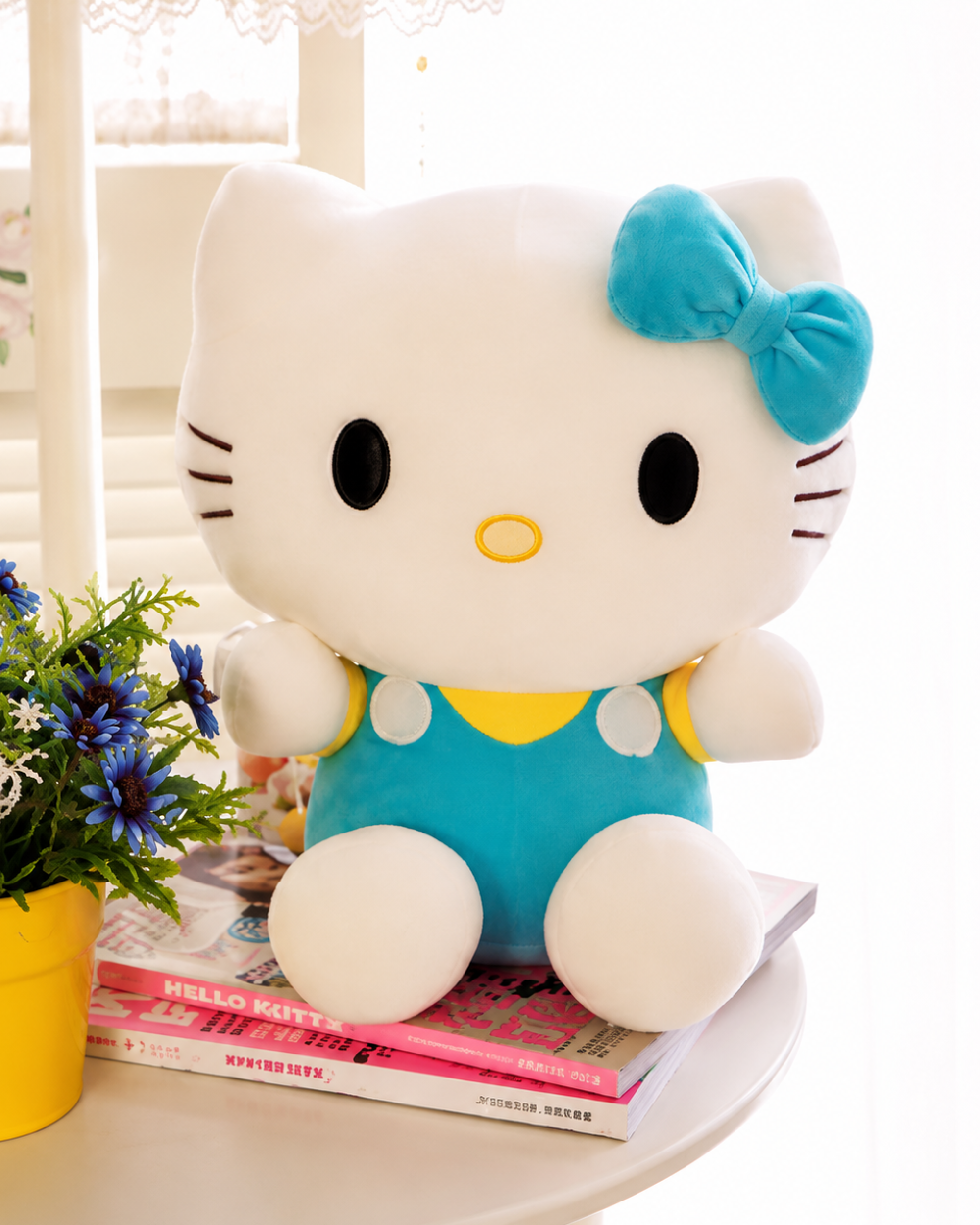 Soft Hello Kitty plush in blue and yellow perfect for cozy decor, gifts and cuddles