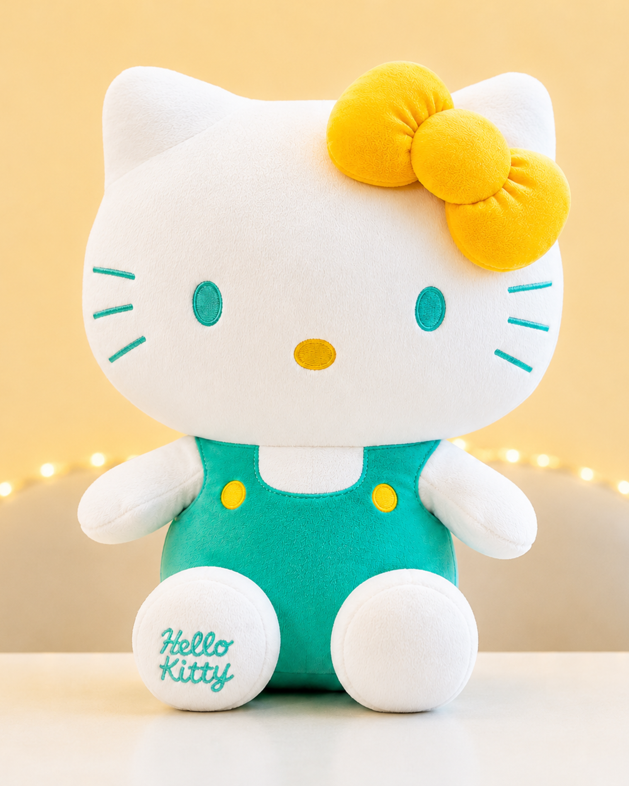 Turquoise Hello Kitty plush toy with cute face and cozy plush finish for kawaii lovers