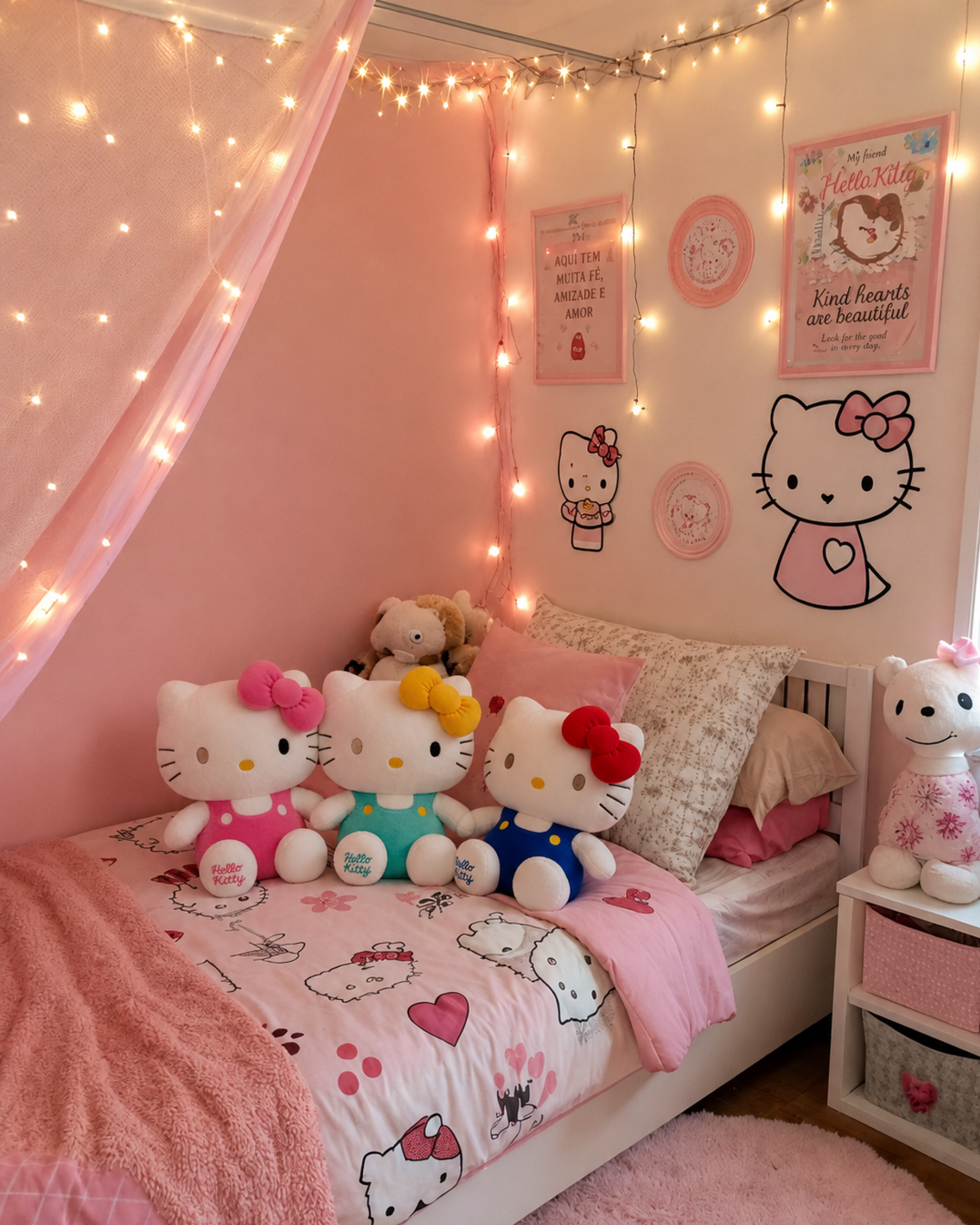 Classic pink Hello Kitty plush displayed in a bedroom for soft and cute kawaii decoration