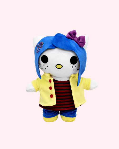 Coraline x Hello Kitty plush with creepy cute blue hair design