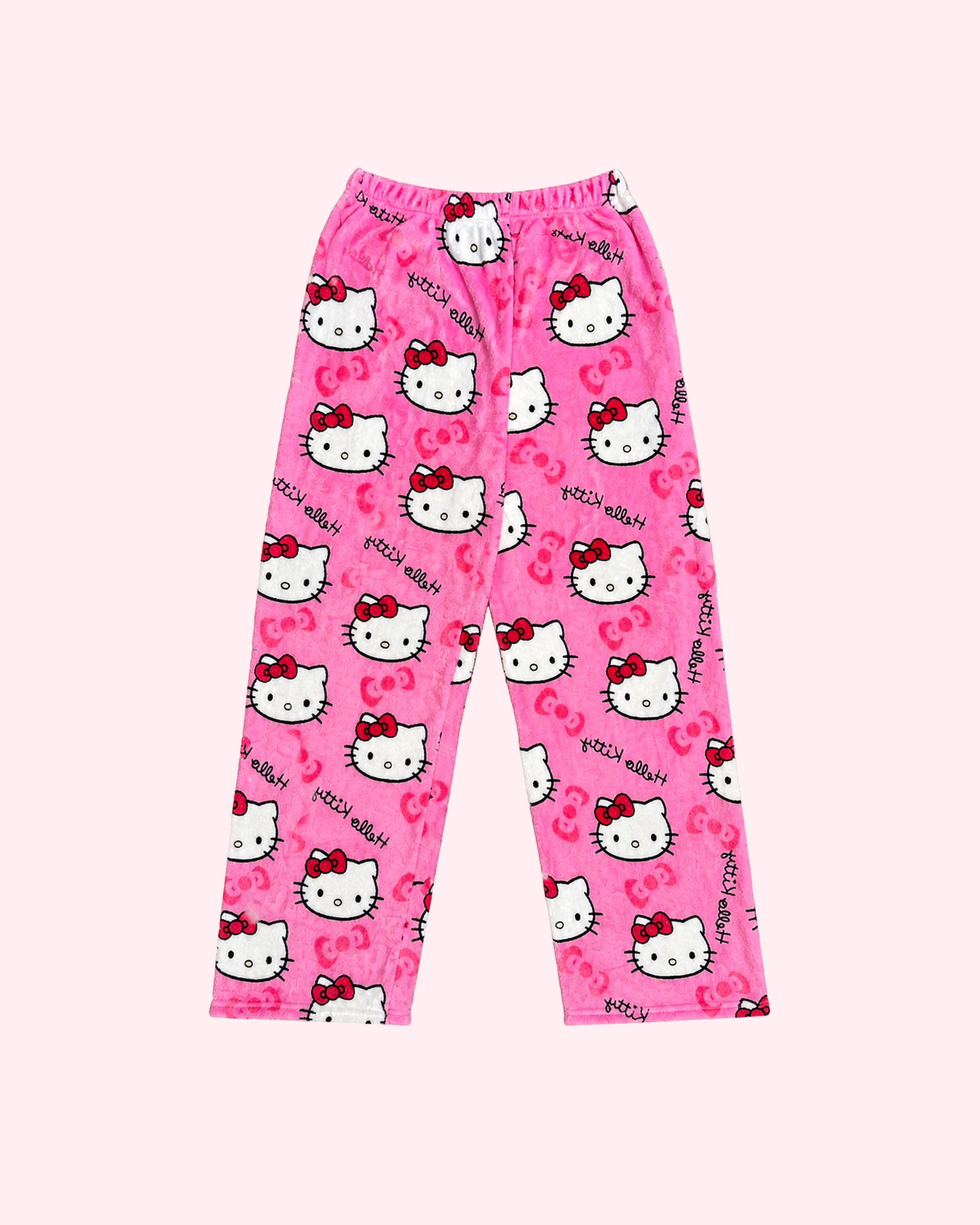 Pink Hello Kitty pajama pants on white background