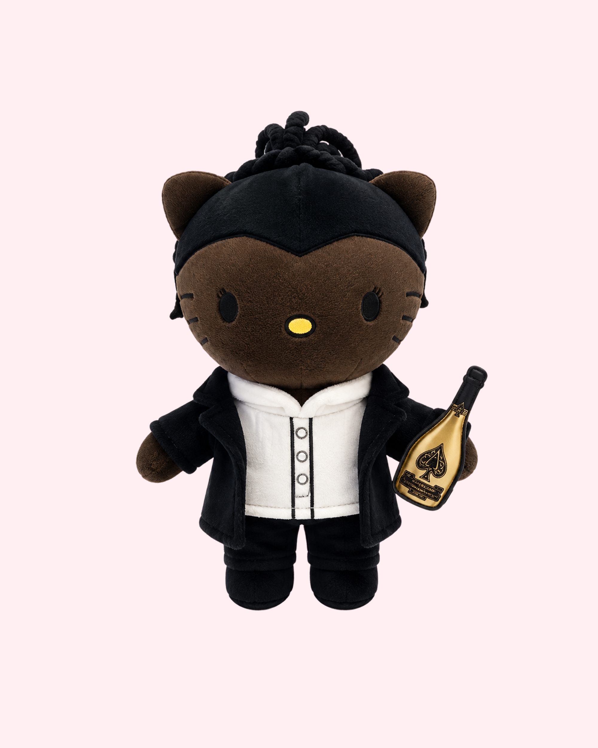 Jay-Z with champagne bottle x Hello Kitty plush with boss rap kawaii style and luxury-inspired design