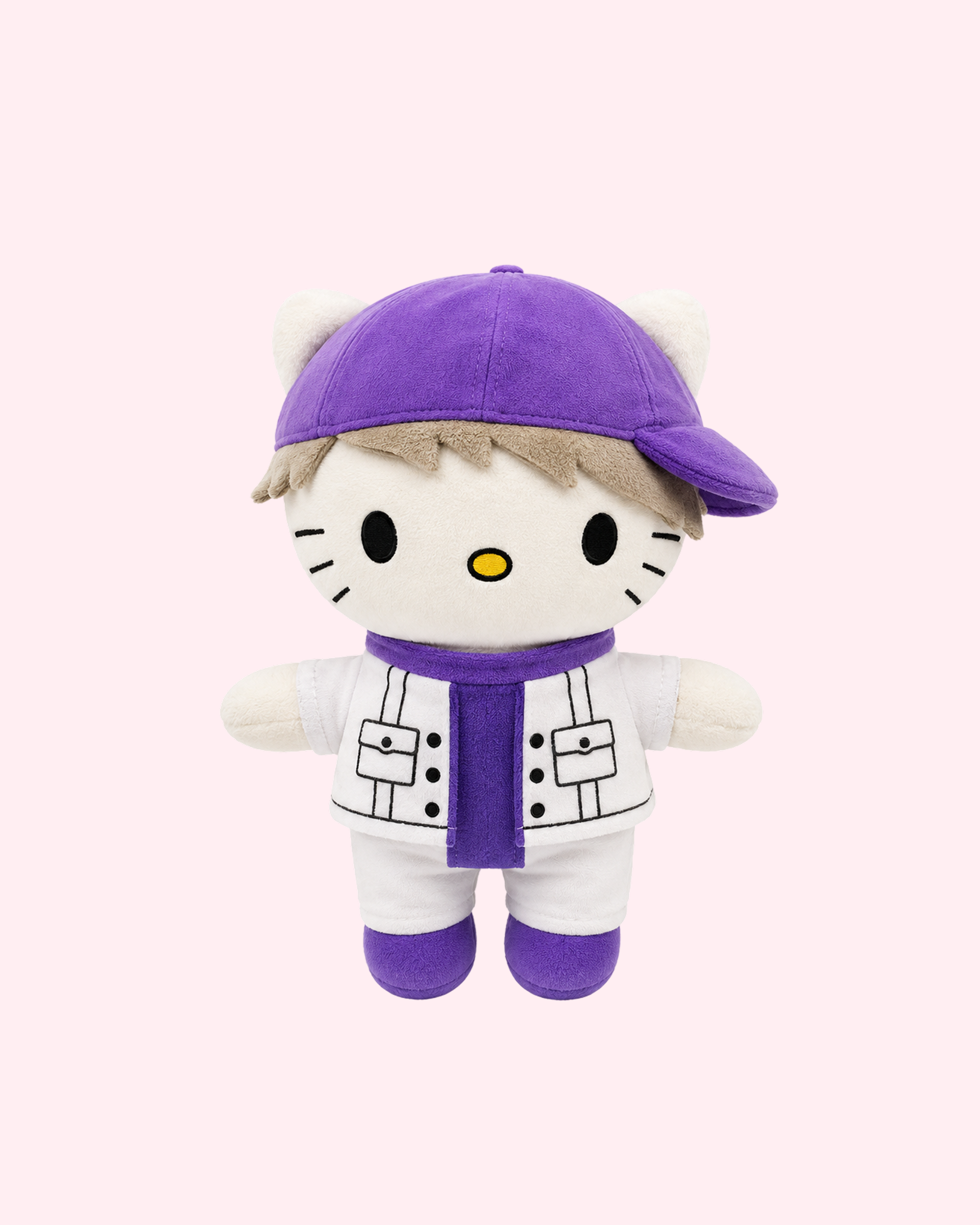 Justin Bieber Purple Cap x Hello Kitty plush with soft pop-star kawaii style and cute collectible design