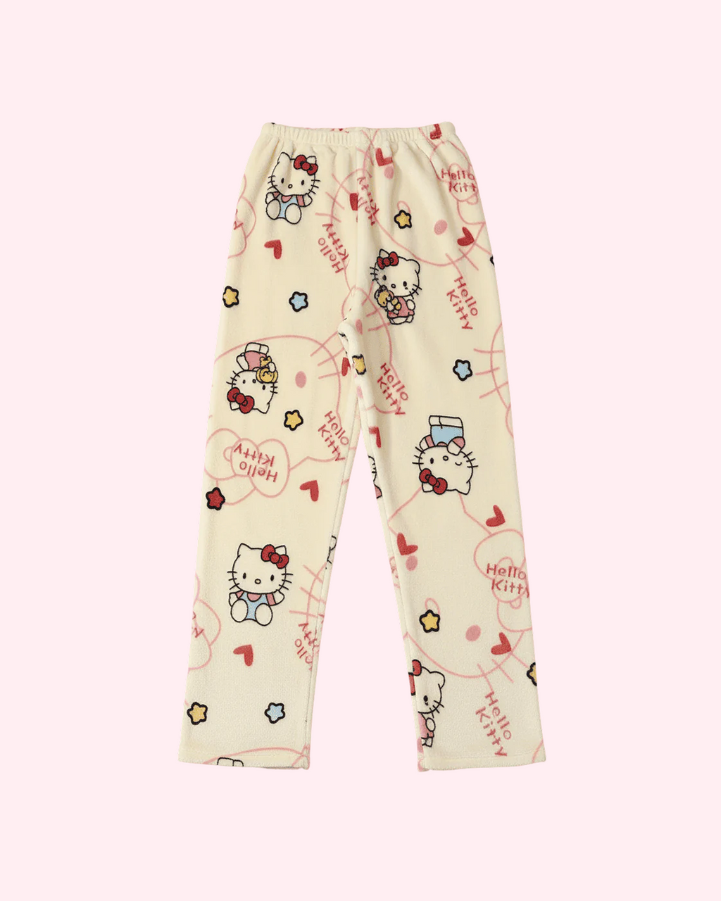 Kitty Cream Hearts Pajama Pants with soft pastel print, pink hearts and cute kawaii sleepwear design