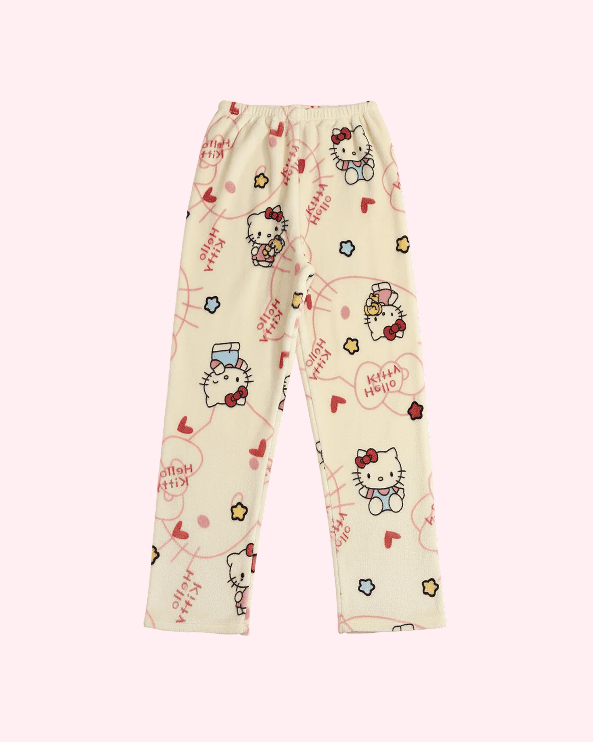 Cream Kitty pajama pants with hearts, stars and cozy relaxed fit for cute nightwear styling
