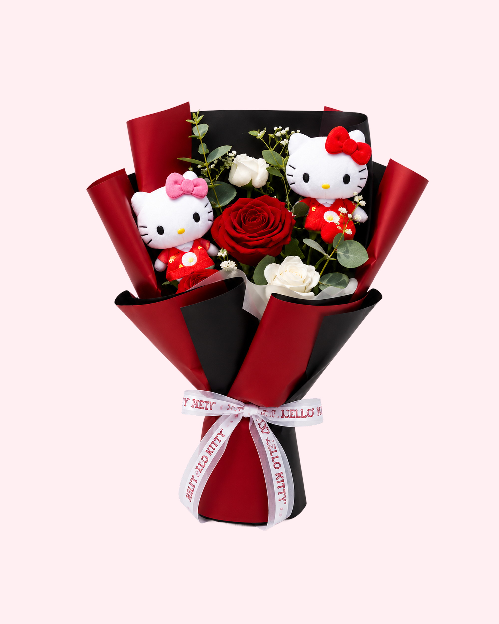 Red Hello Kitty rose bouquet with plush details, bold wrapping and romantic kawaii gift design