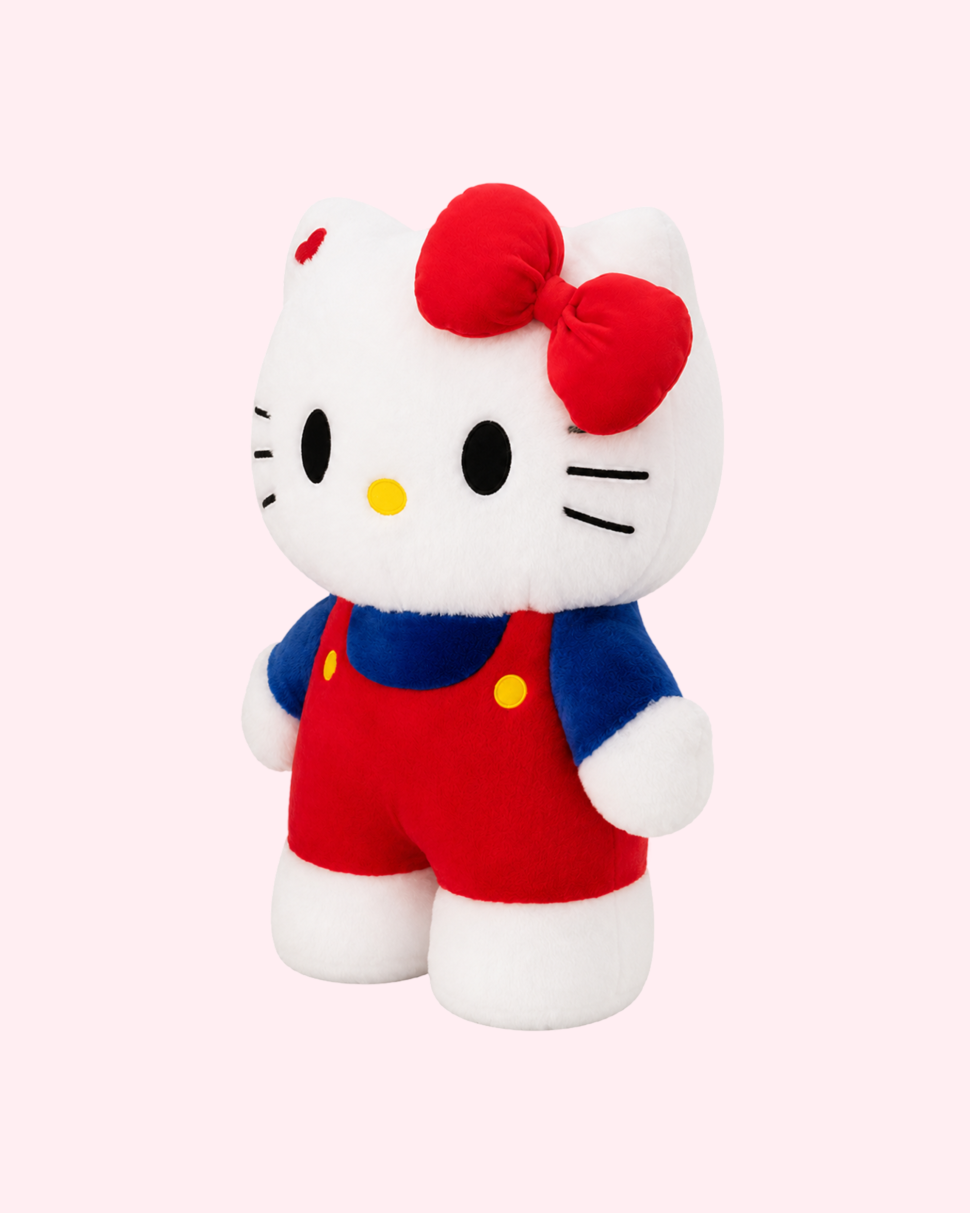 Cute Hello Kitty 20 cm plush in red overalls with blue sleeves and yellow details for kawaii collectors