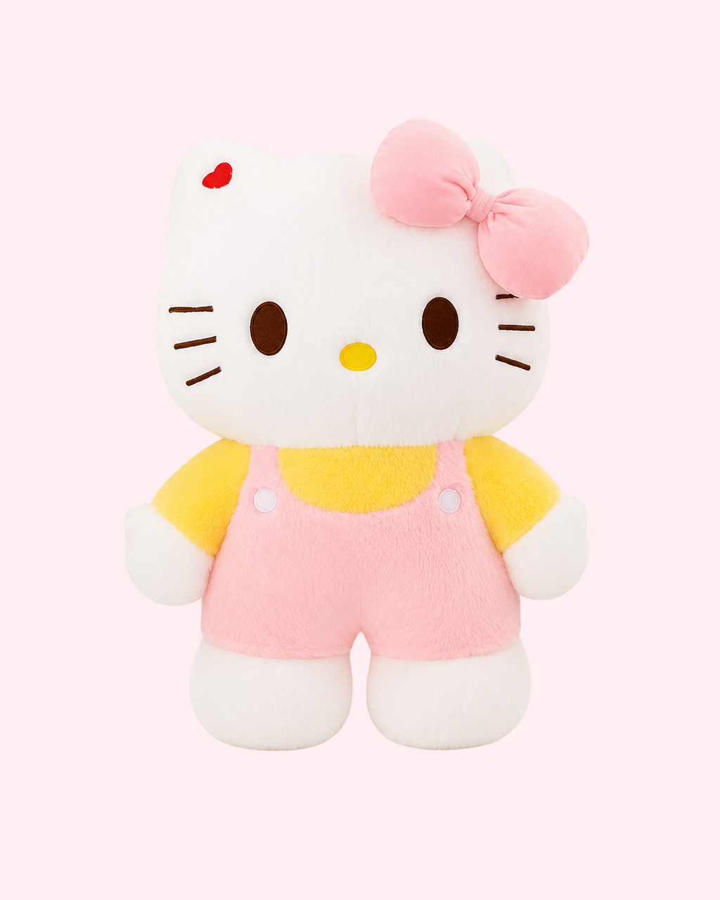 Cute Hello Kitty 20 cm plush in pink overalls and yellow sleeves for gifts and pastel room decor