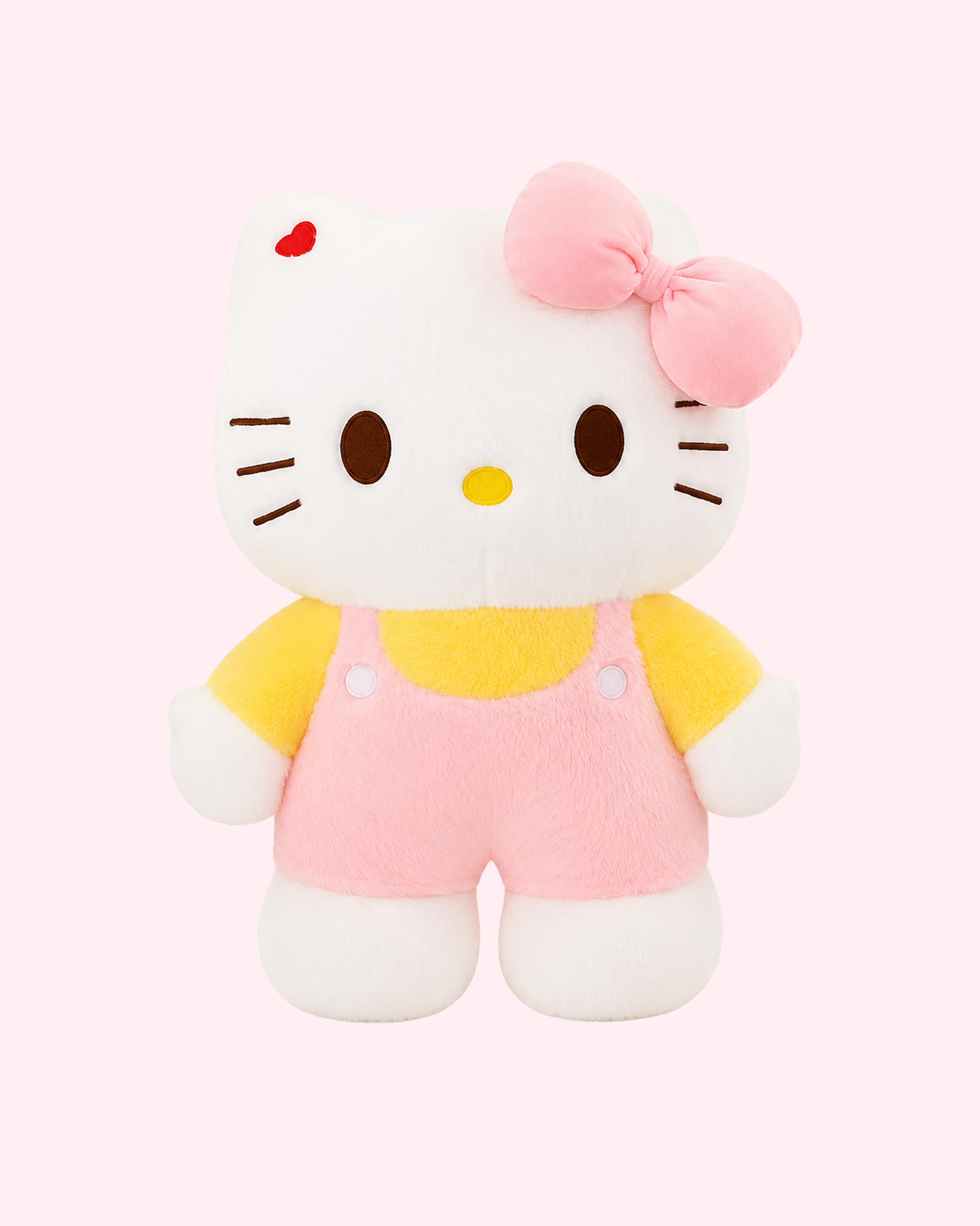 Cute Hello Kitty 20 cm plush in pink overalls and yellow sleeves for gifts and pastel room decor