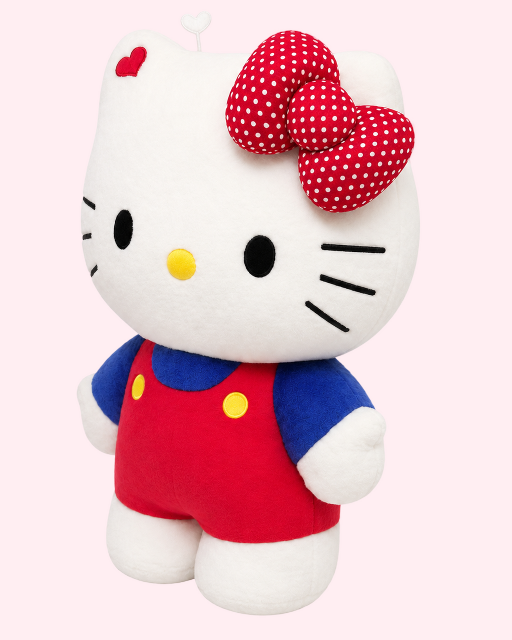 Large Hello Kitty 50 cm plush in red and blue with dotted bow, soft finish and cute collectible style