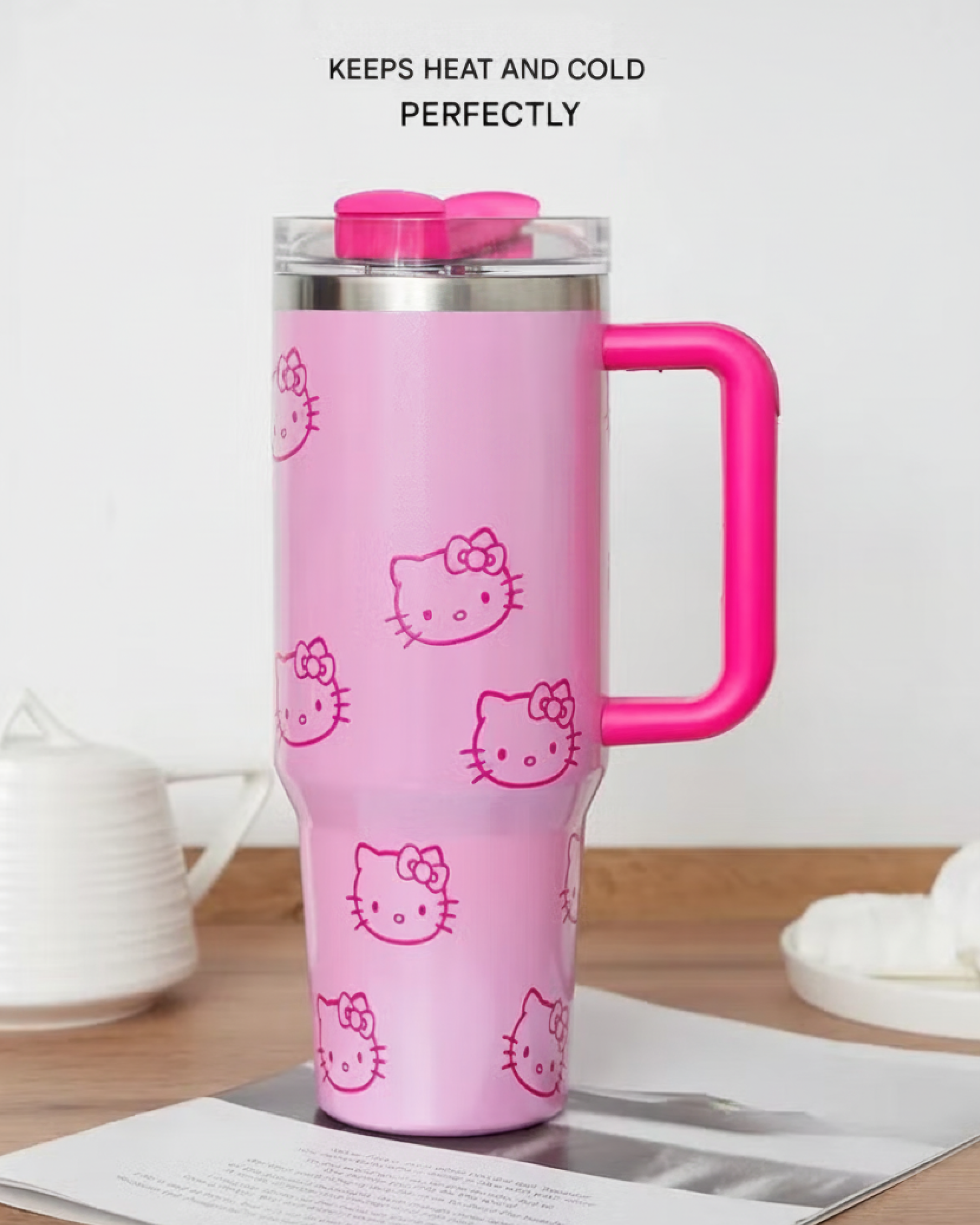 Pink Hello Kitty drink tumbler with straw lid, handle and sweet girly everyday style