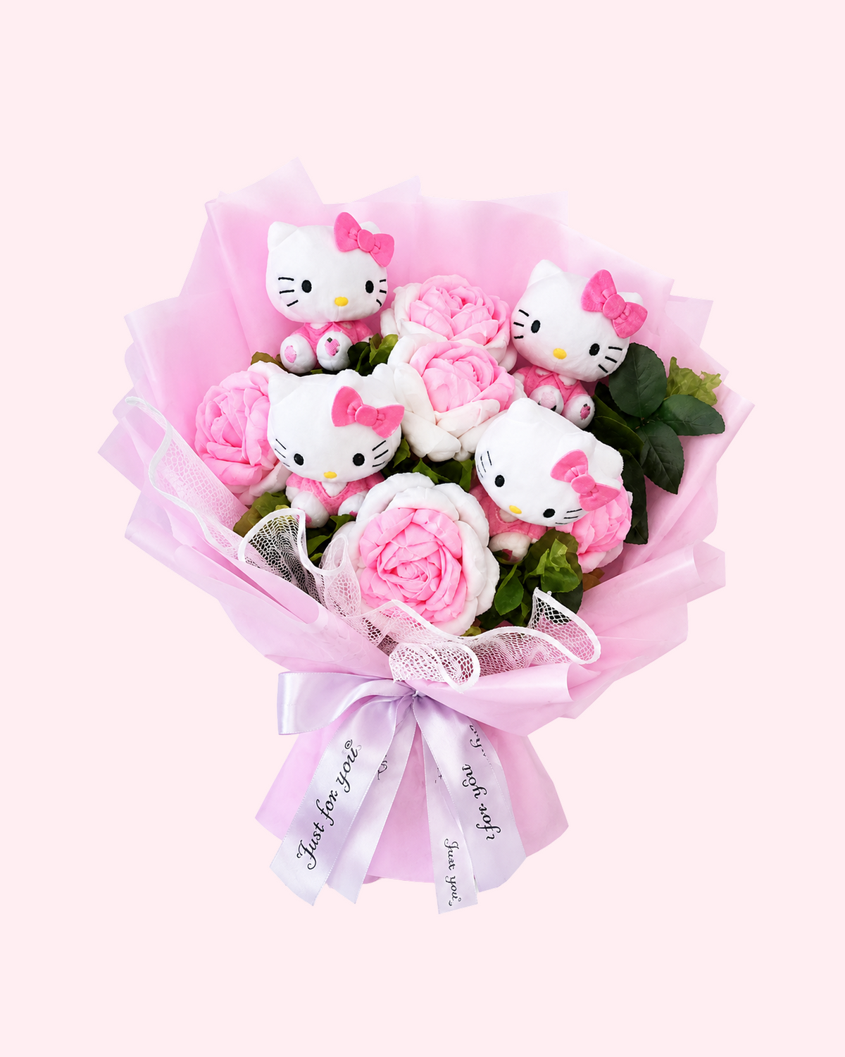 Pink Hello Kitty rose bouquet with cute plush details, pastel wrapping and romantic kawaii gift style
