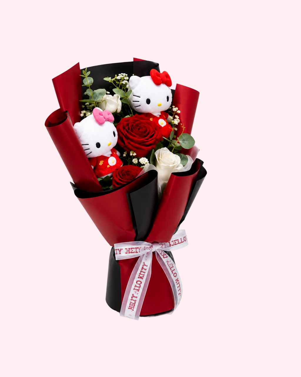 Luxury Hello Kitty red bouquet with roses, cute plush characters and elegant romantic wrapping