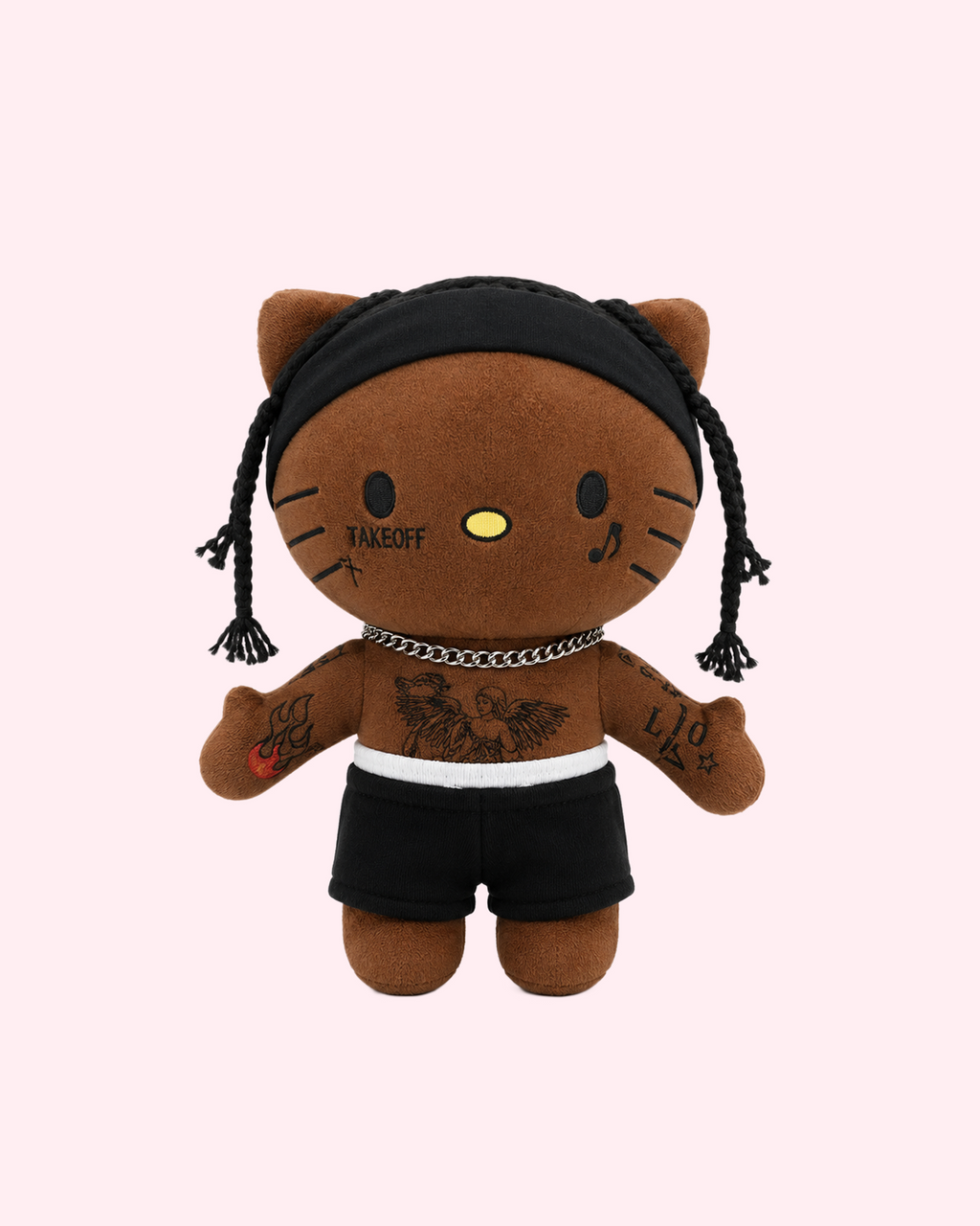 Travis Scott x Hello Kitty plush with dark Astroworld kawaii style and soft collectible design