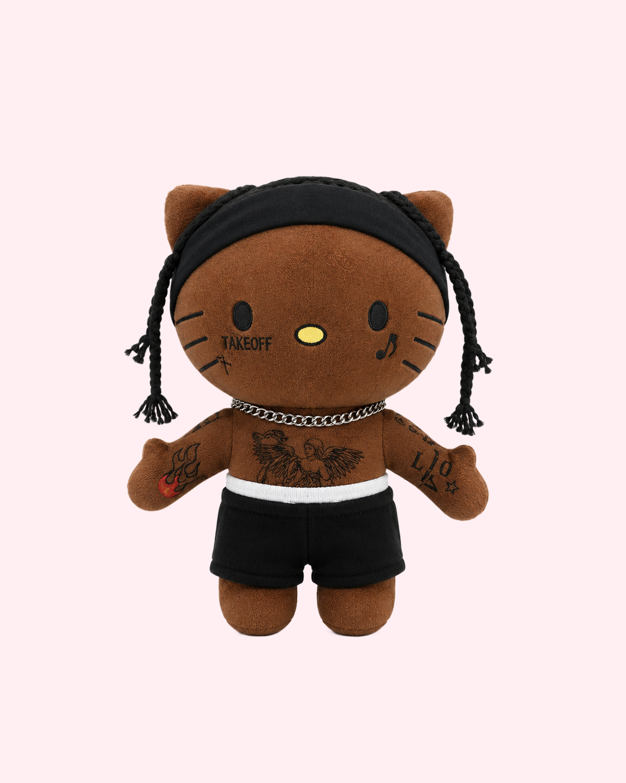 Travis Scott x Hello Kitty plush with dark Astroworld kawaii style and soft collectible design