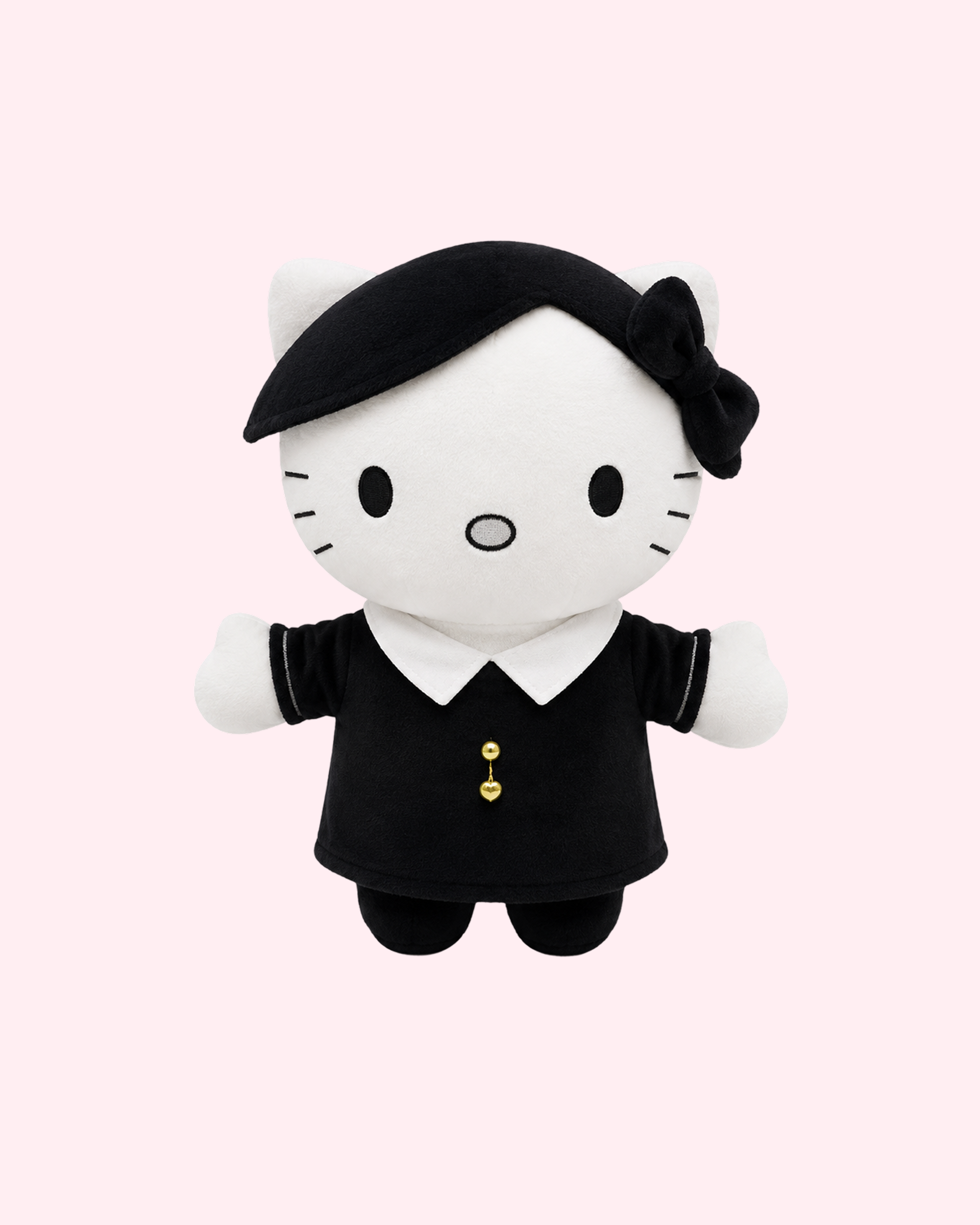 Wednesday Addams x Hello Kitty plush with dark gothic kawaii style and soft creepy-cute design