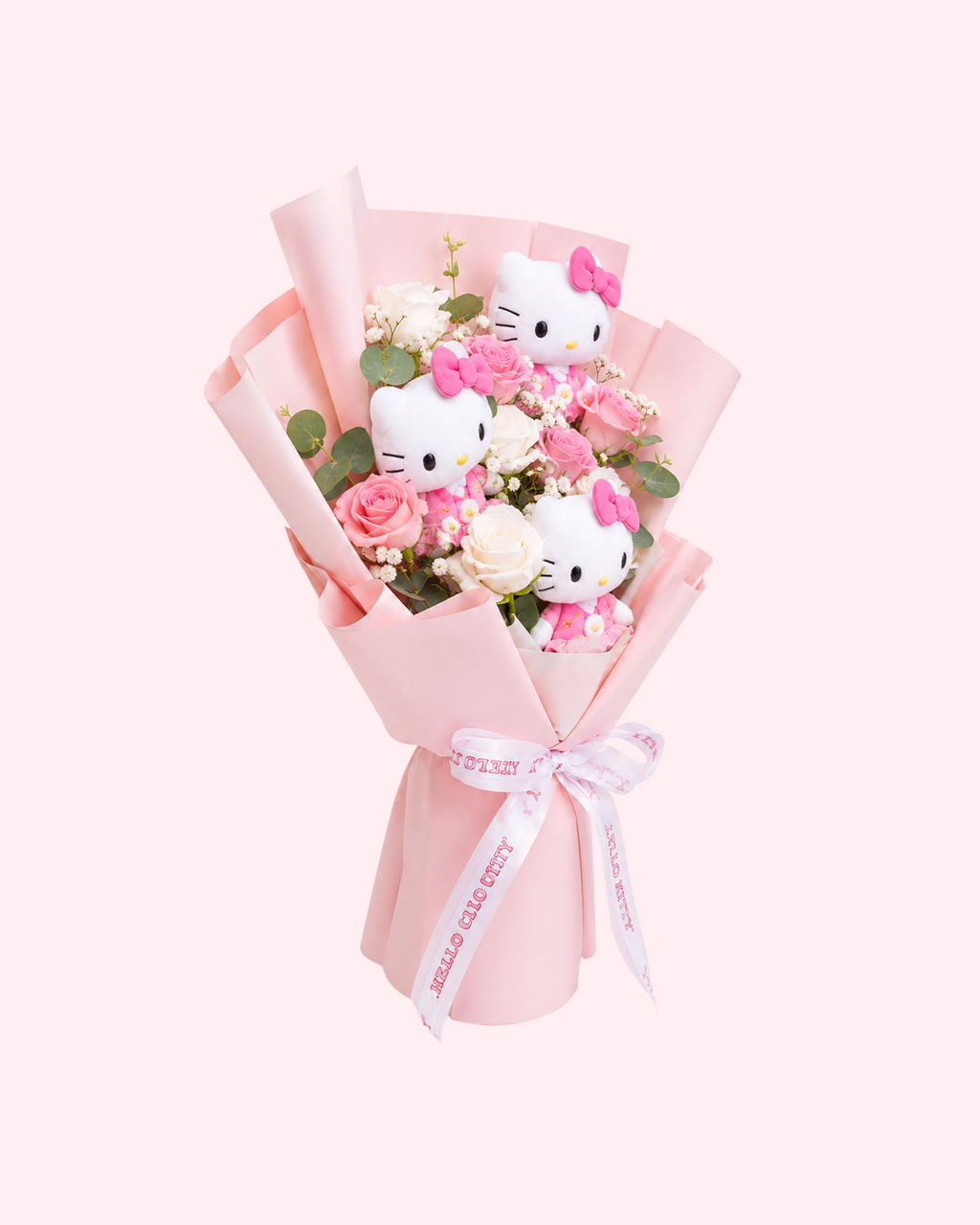 Elegant Hello Kitty white bouquet with soft roses, plush characters and delicate romantic design