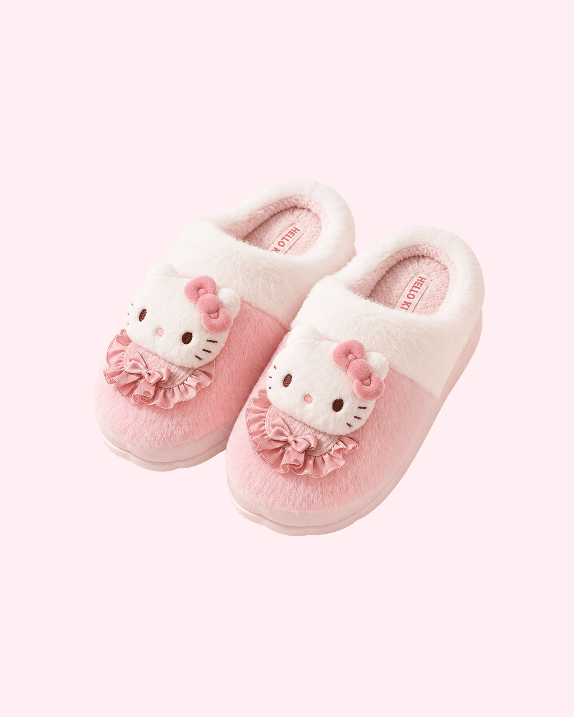 Cute Hello Kitty slippers with soft plush texture, pink bow and girly kawaii home style
