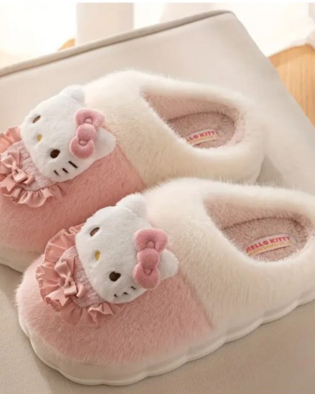 Fluffy Hello Kitty Bow Slippers made for cozy comfort, cute gifts and soft bedroom outfits
