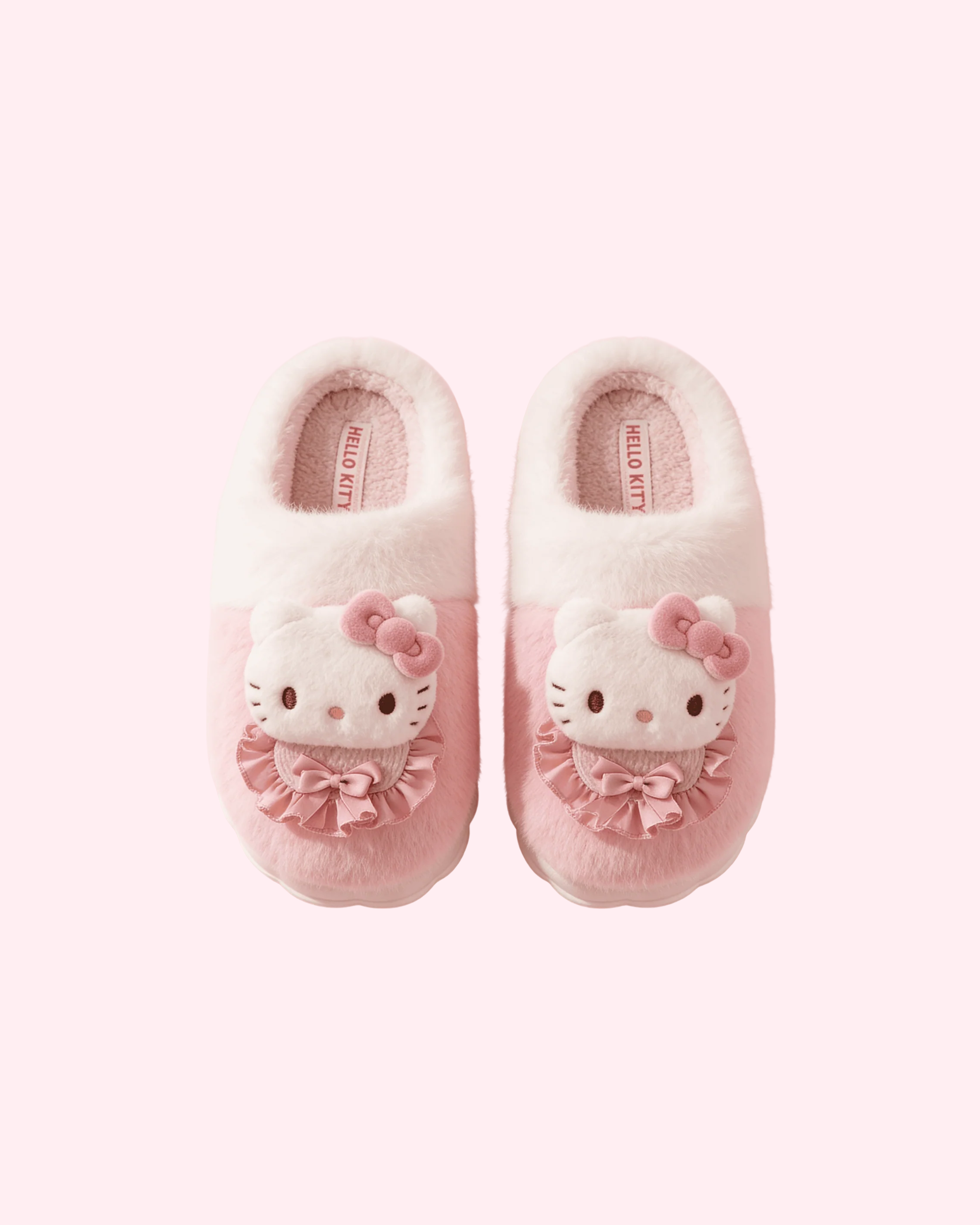 Hello Kitty Bow Plush Slippers with fluffy white and pink design, cute face and bow detail