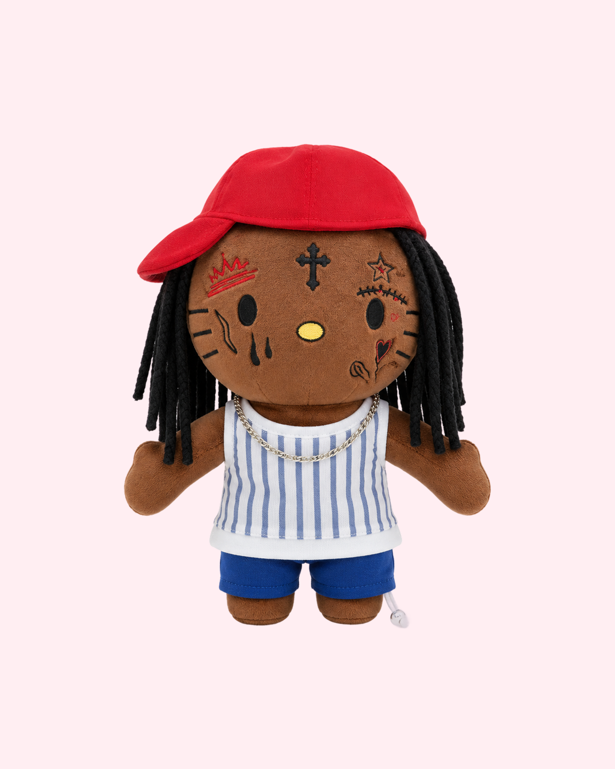 Lil Wayne Red Cap x Hello Kitty plush with rapper-inspired kawaii style and soft collectible design