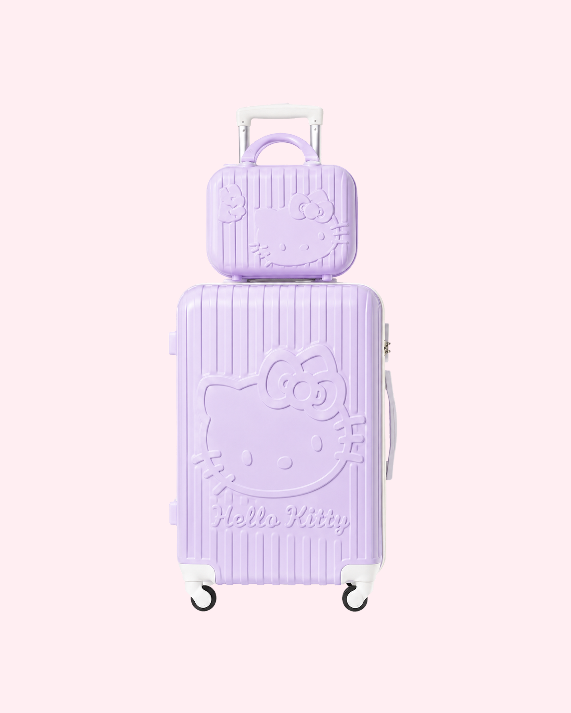 Aesthetic pastel purple Hello Kitty cabin suitcase with matching mini vanity travel bag set