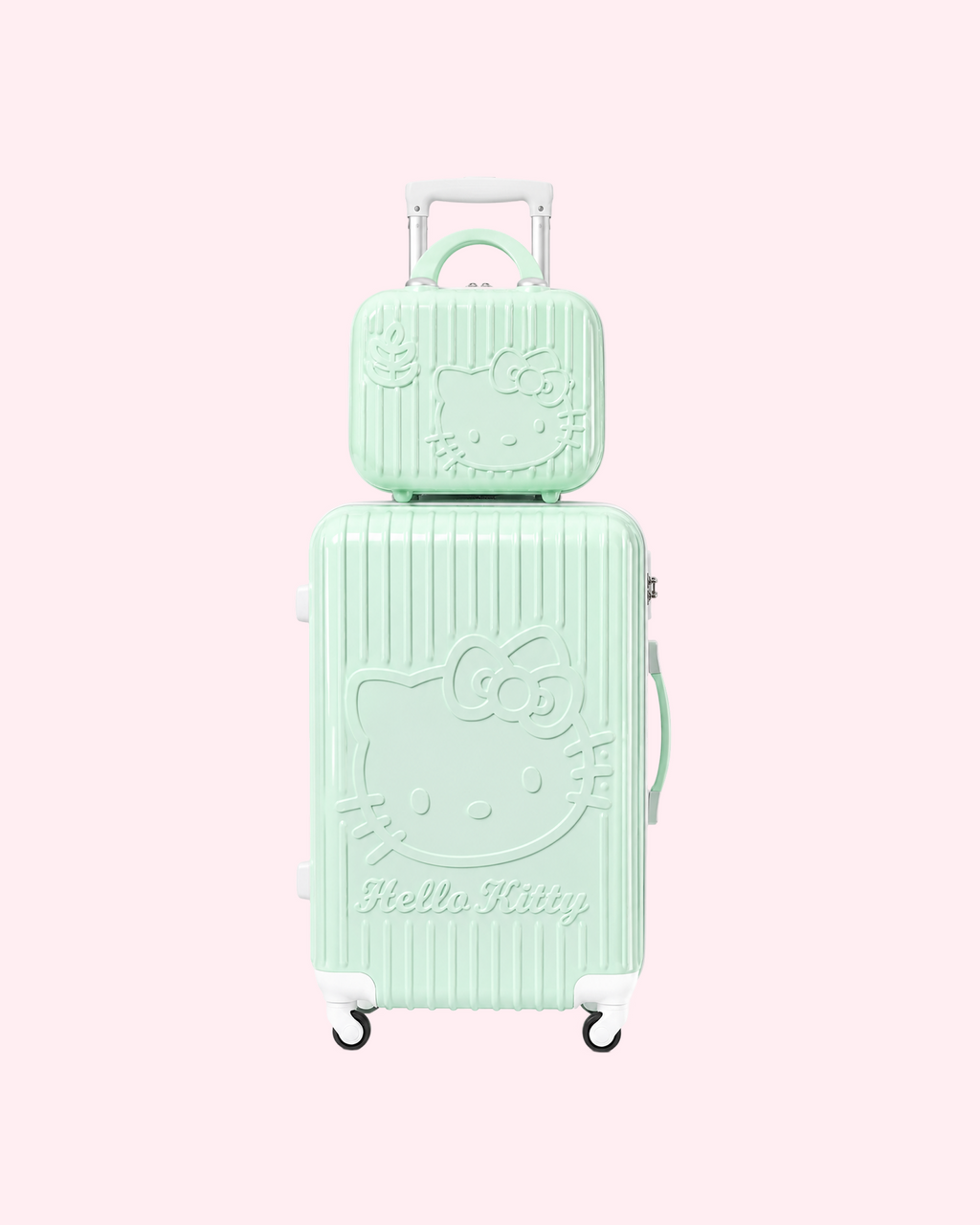 Aesthetic pastel mint green Hello Kitty cabin suitcase with matching mini vanity travel bag set