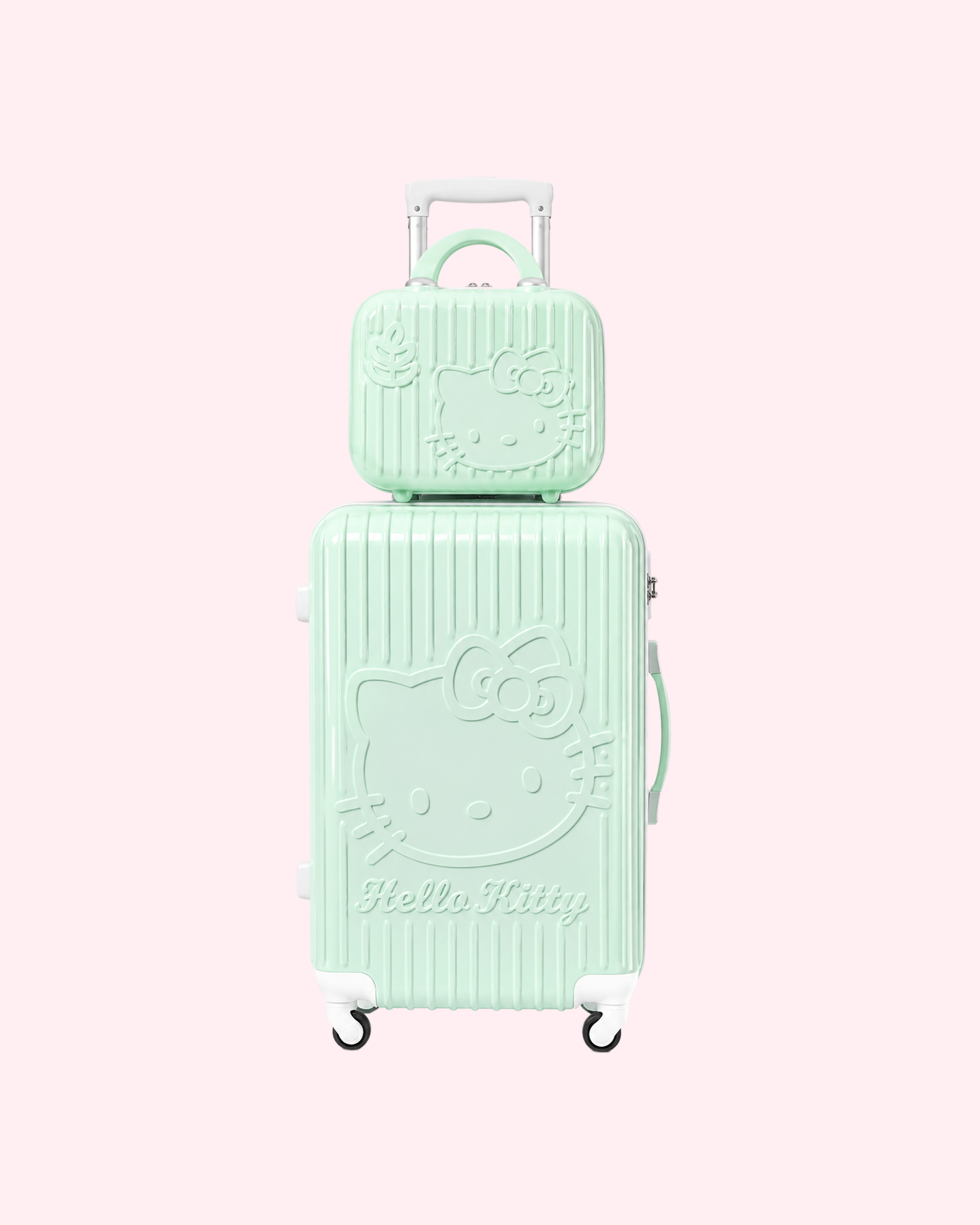 Aesthetic pastel mint green Hello Kitty cabin suitcase with matching mini vanity travel bag set