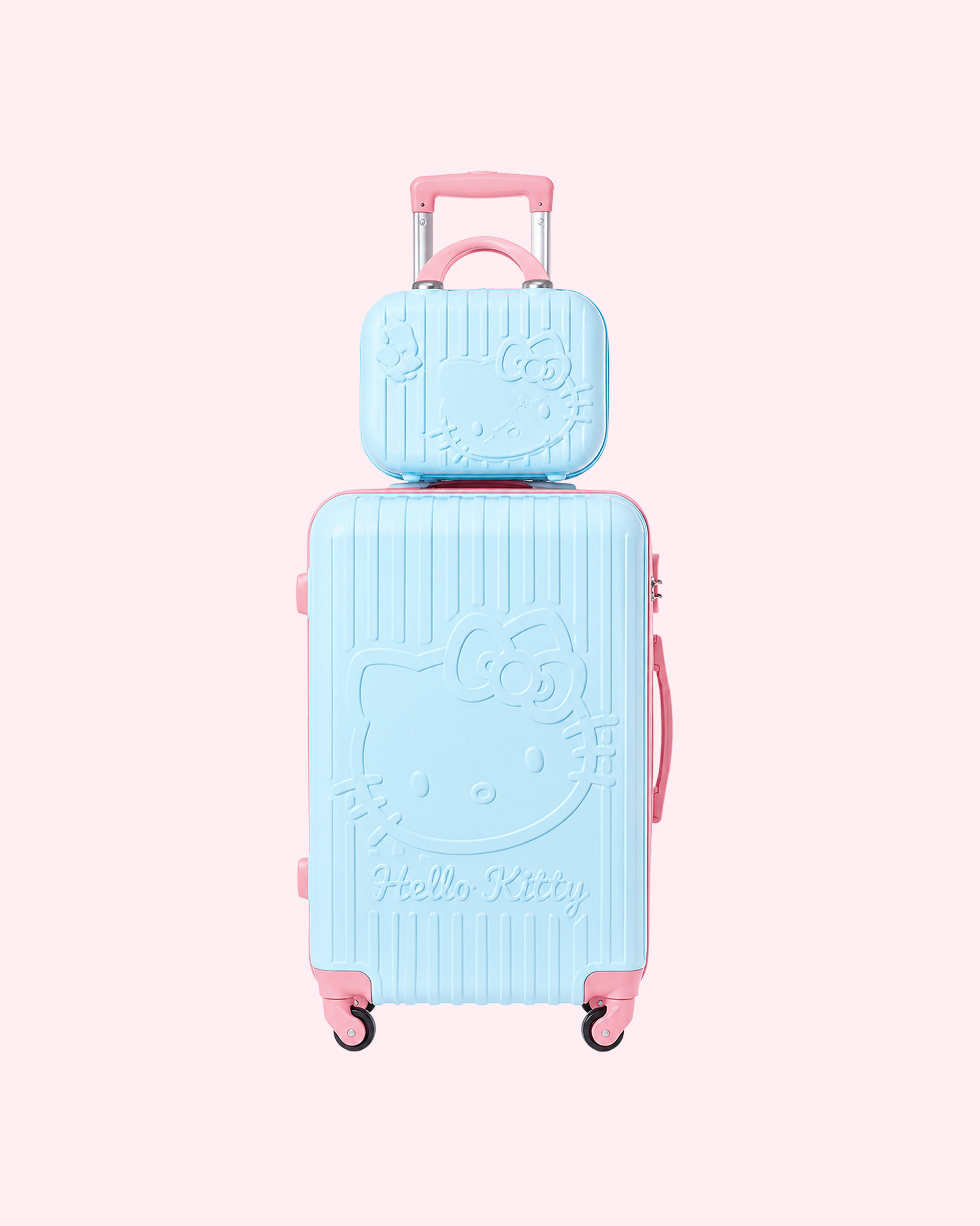 Aesthetic pastel sky blue Hello Kitty cabin suitcase with matching mini vanity travel bag set