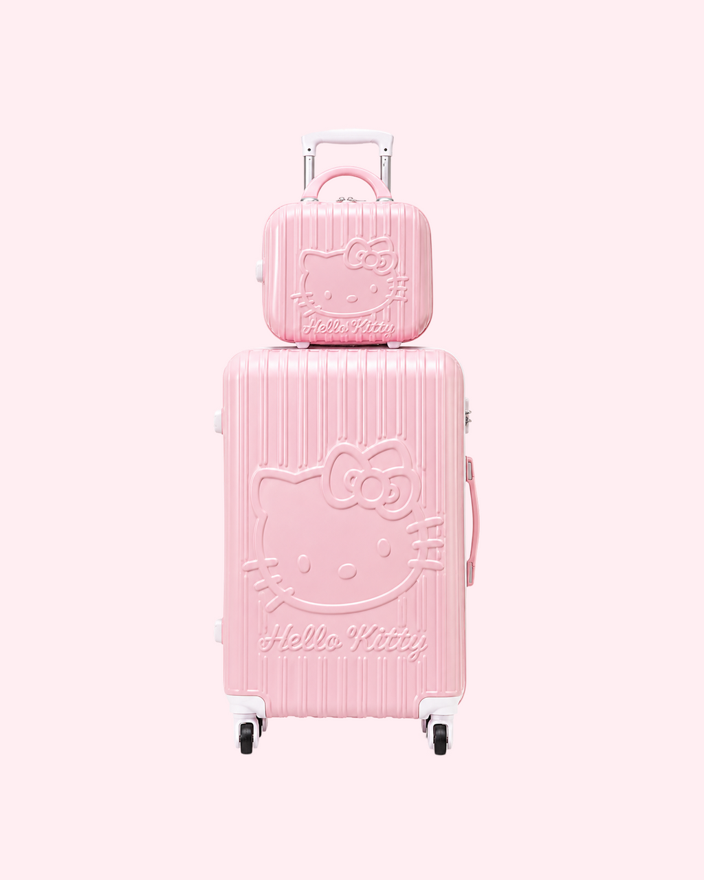 Aesthetic pastel soft pink Hello Kitty cabin suitcase with matching mini vanity travel bag set
