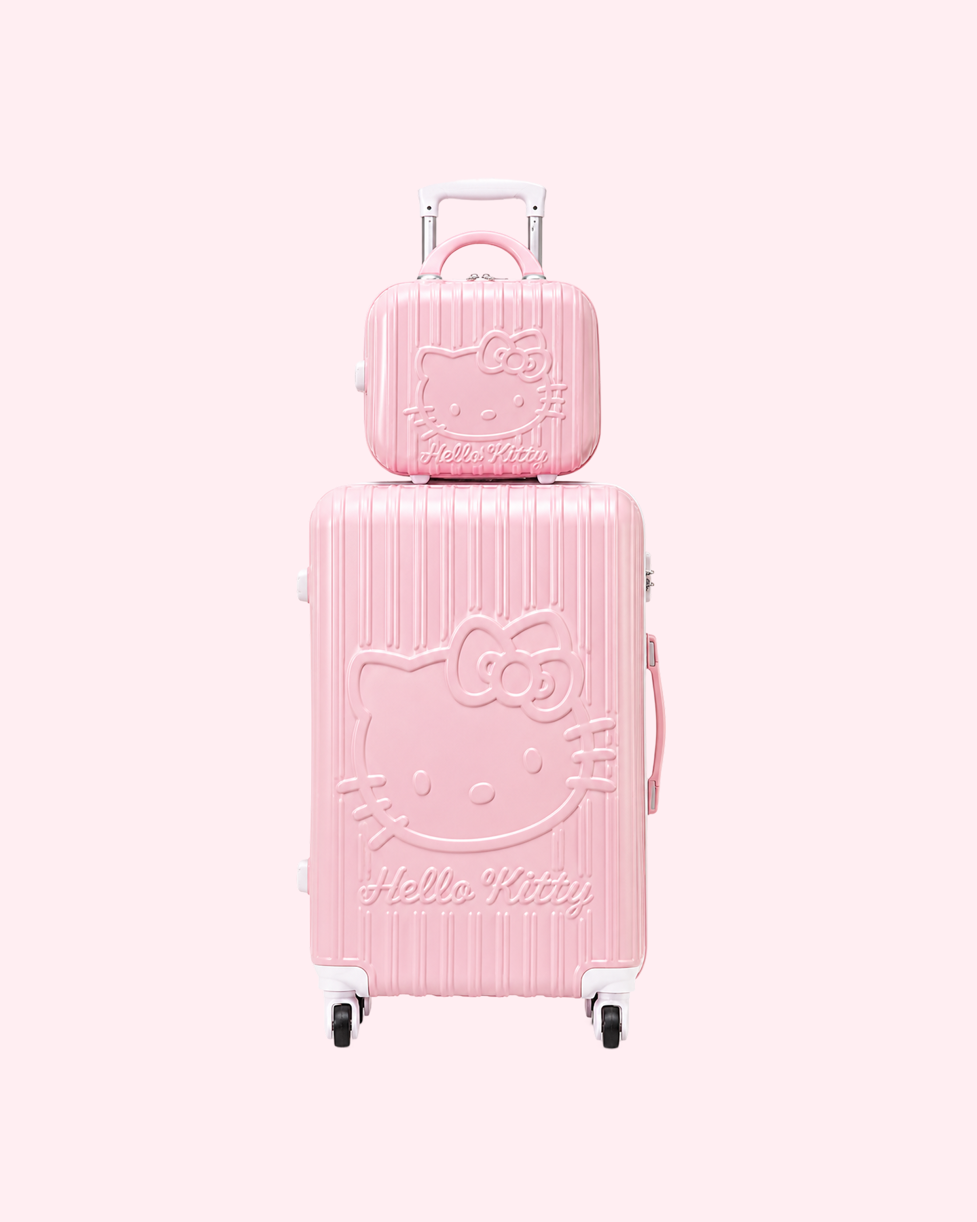 Aesthetic pastel soft pink Hello Kitty cabin suitcase with matching mini vanity travel bag set