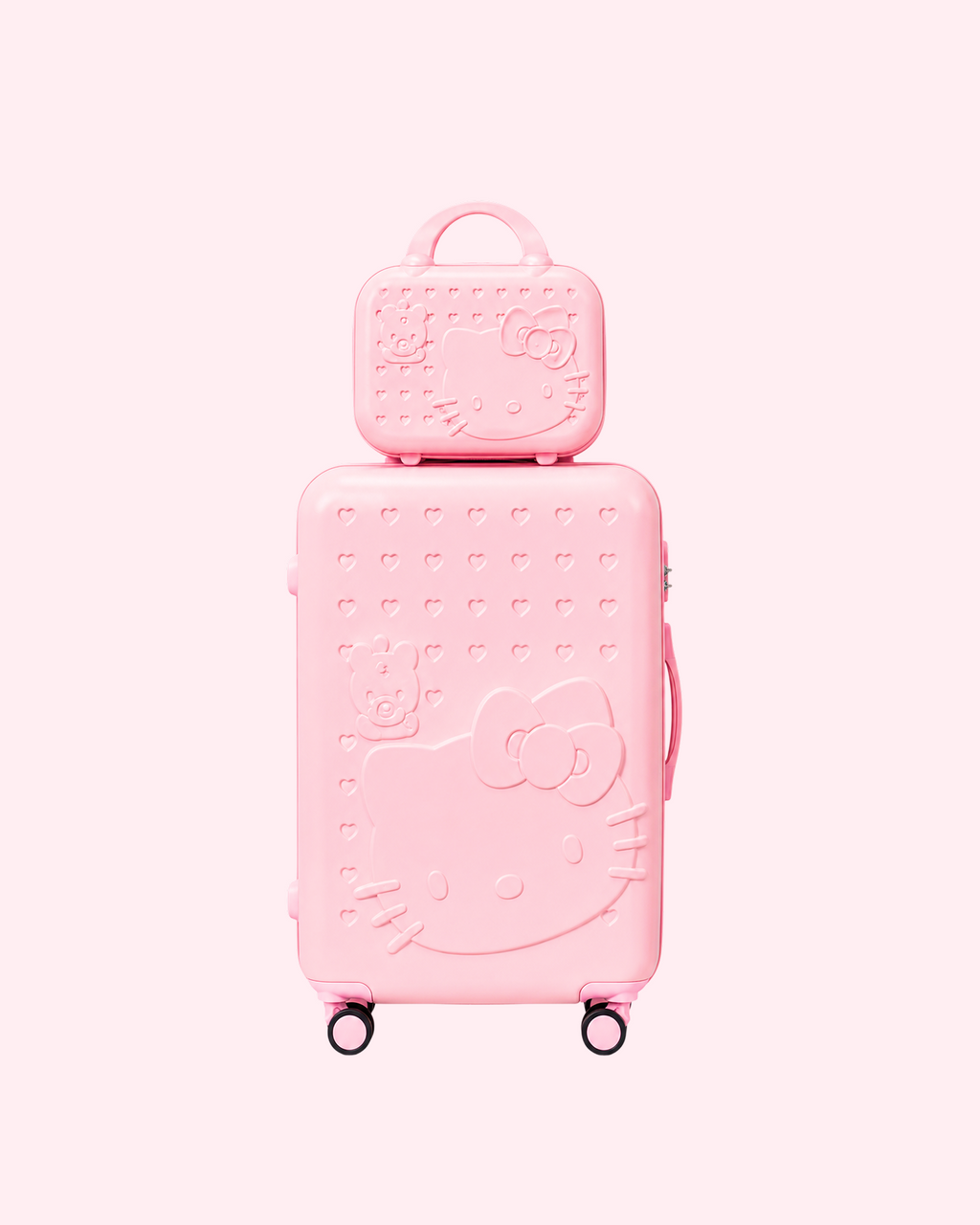 Aesthetic hearts embossed pearl white Hello Kitty cabin suitcase with matching mini vanity bag set
