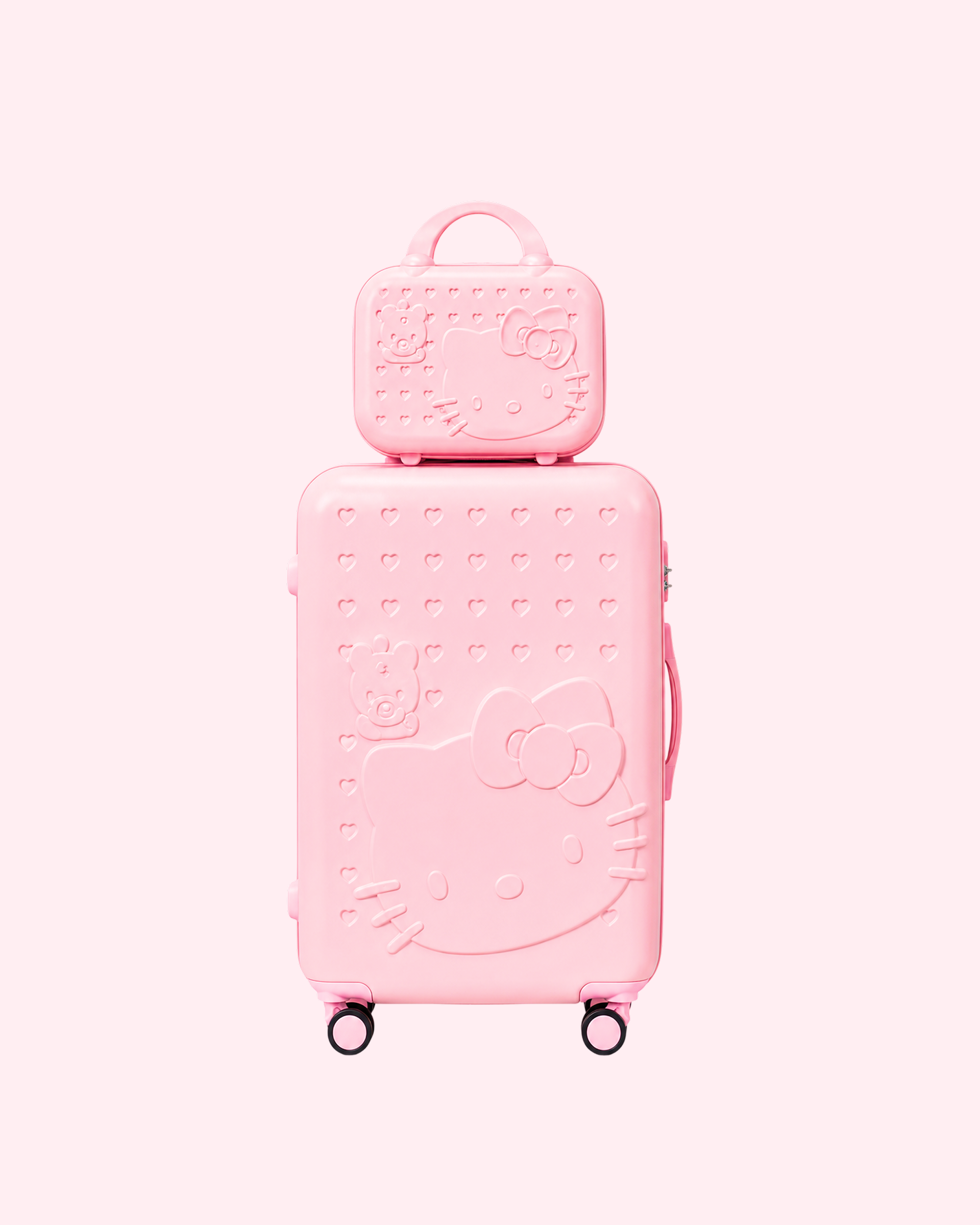 Aesthetic hearts embossed pearl white Hello Kitty cabin suitcase with matching mini vanity bag set