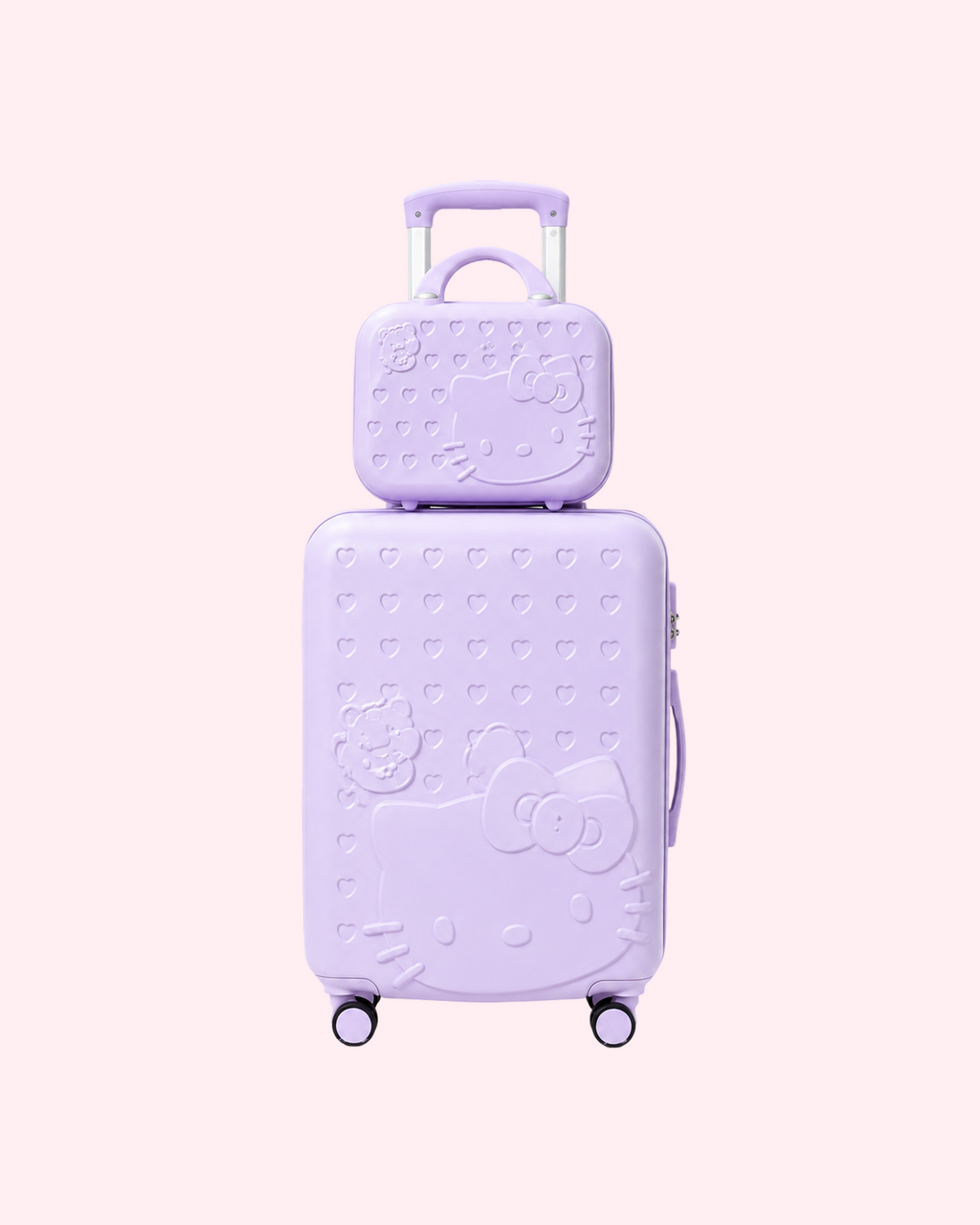 Aesthetic hearts embossed sweet lavender Hello Kitty cabin suitcase with matching mini vanity bag set