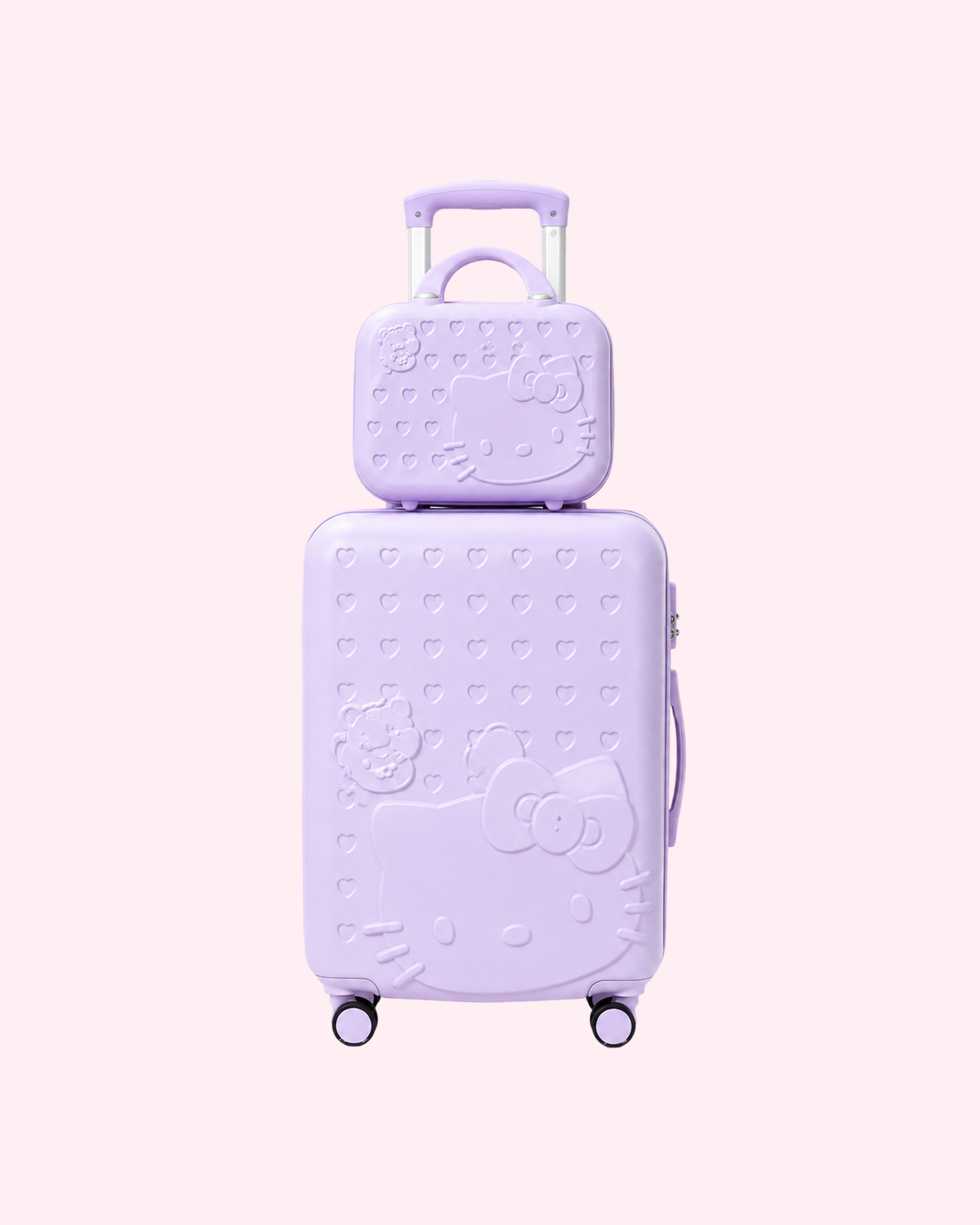 Aesthetic hearts embossed sweet lavender Hello Kitty cabin suitcase with matching mini vanity bag set