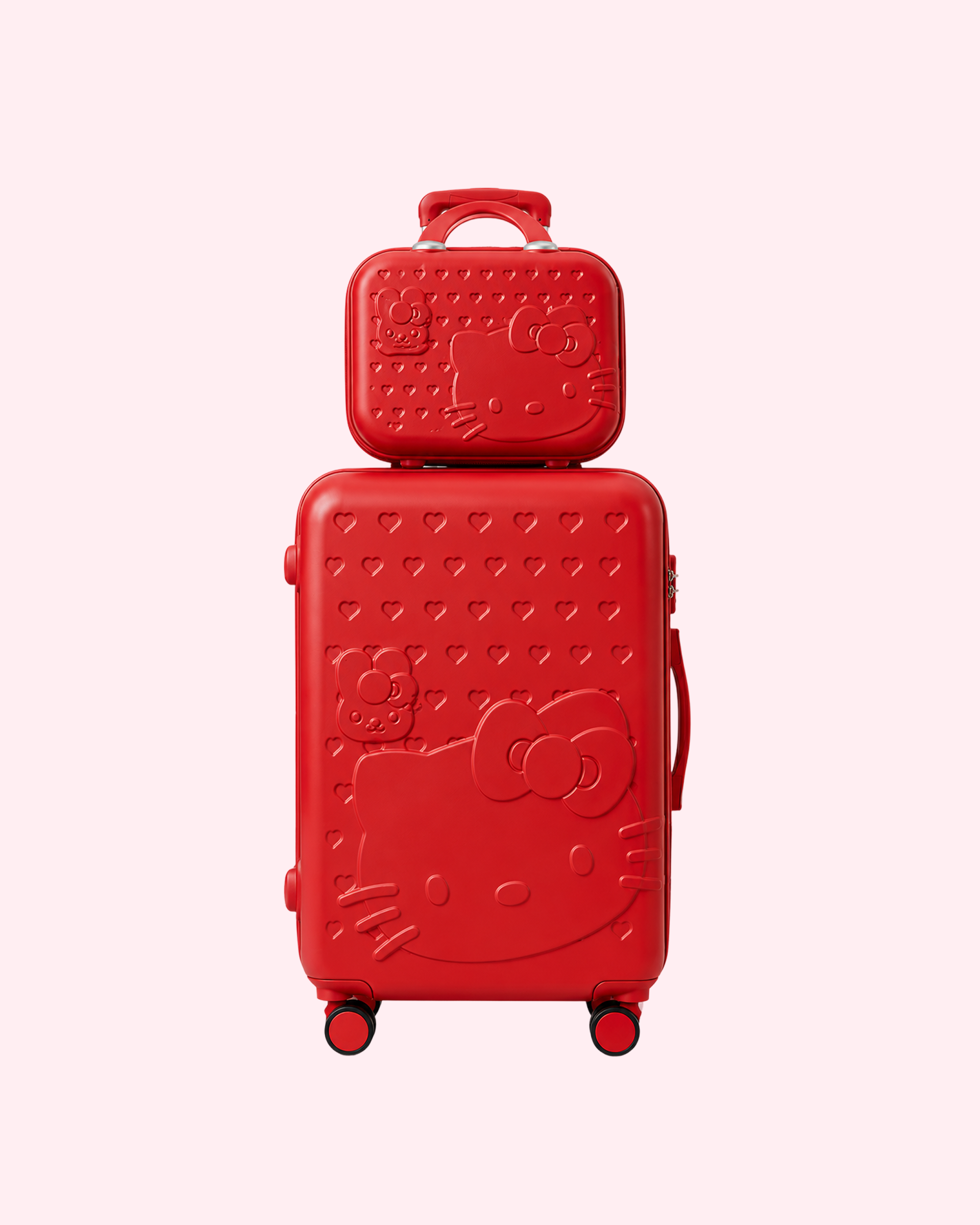 Aesthetic hearts embossed crimson red Hello Kitty cabin suitcase with matching mini vanity travel bag set